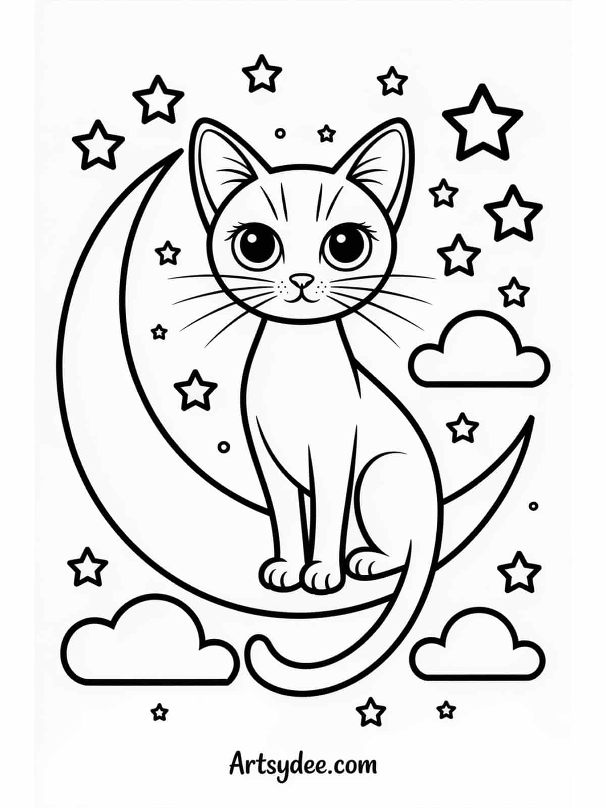 Fat happy cat in cardboard box coloring page - free printable from artsydee.com