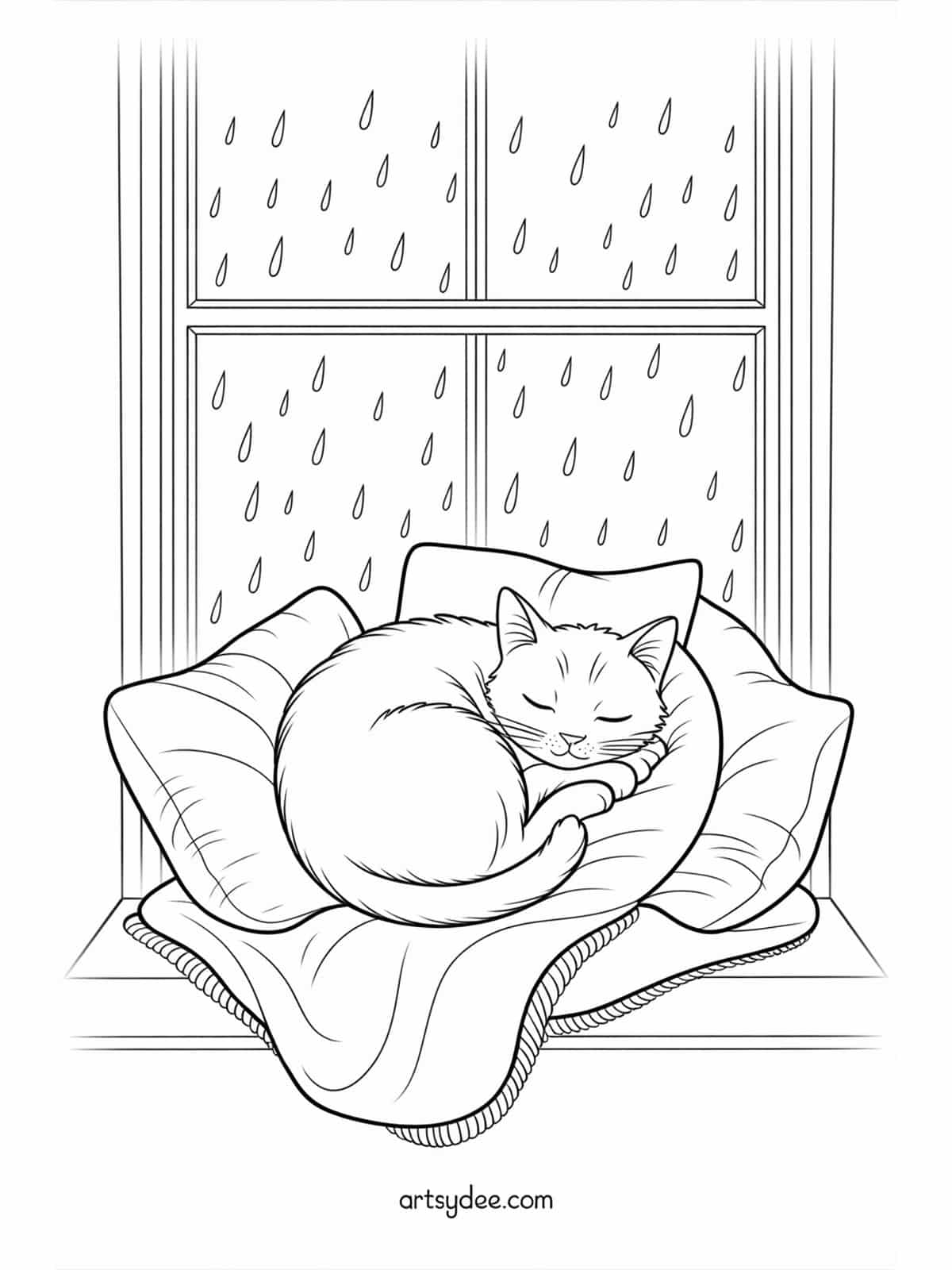 Cat in wicker basket with flowers coloring page - free printable from artsydee.com