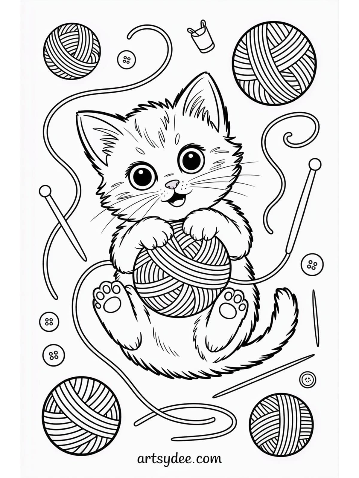 Tabby cat chasing butterflies coloring page - free printable from artsydee.com