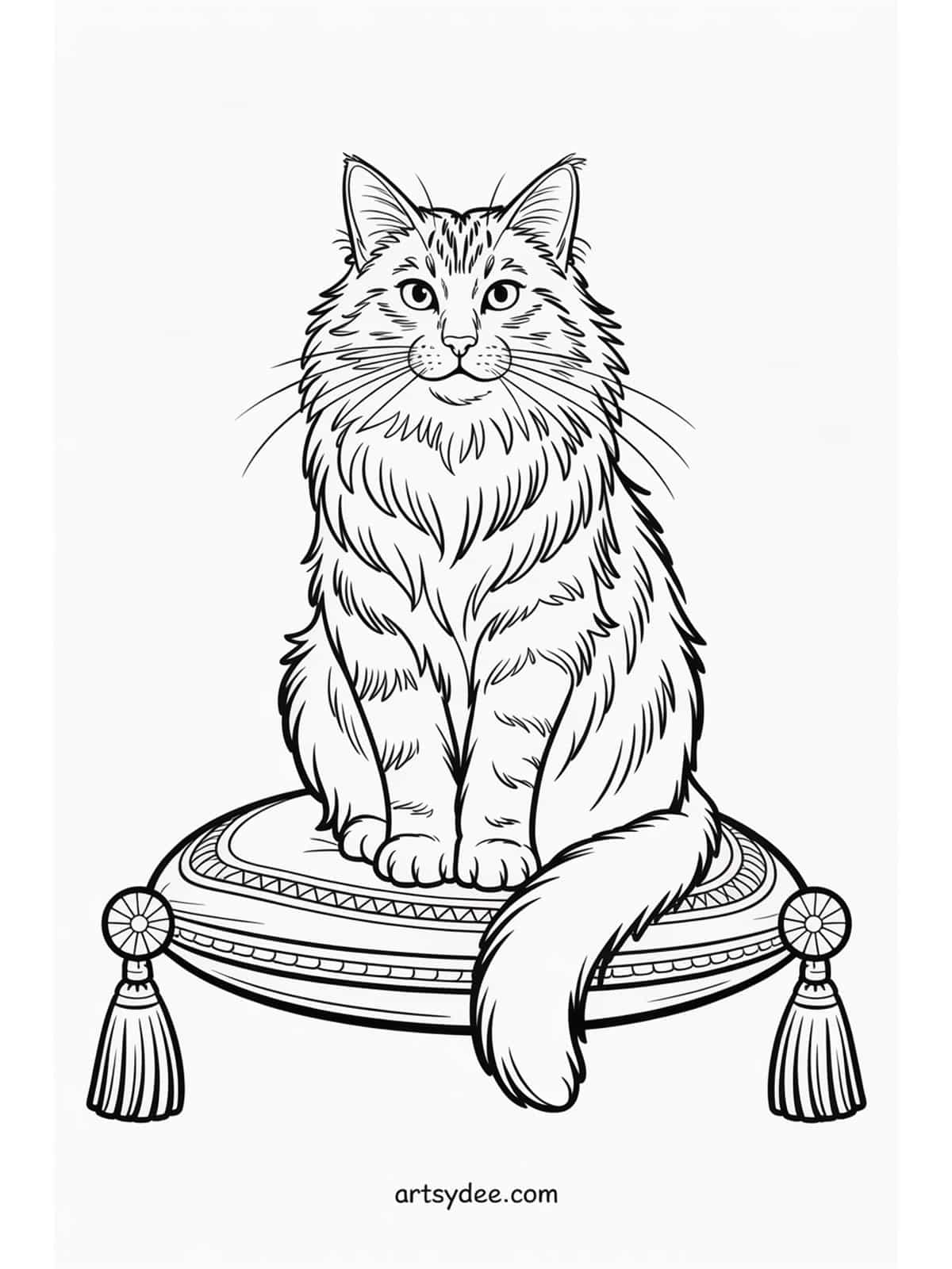 Three cats of different breeds coloring page - free printable from artsydee.com