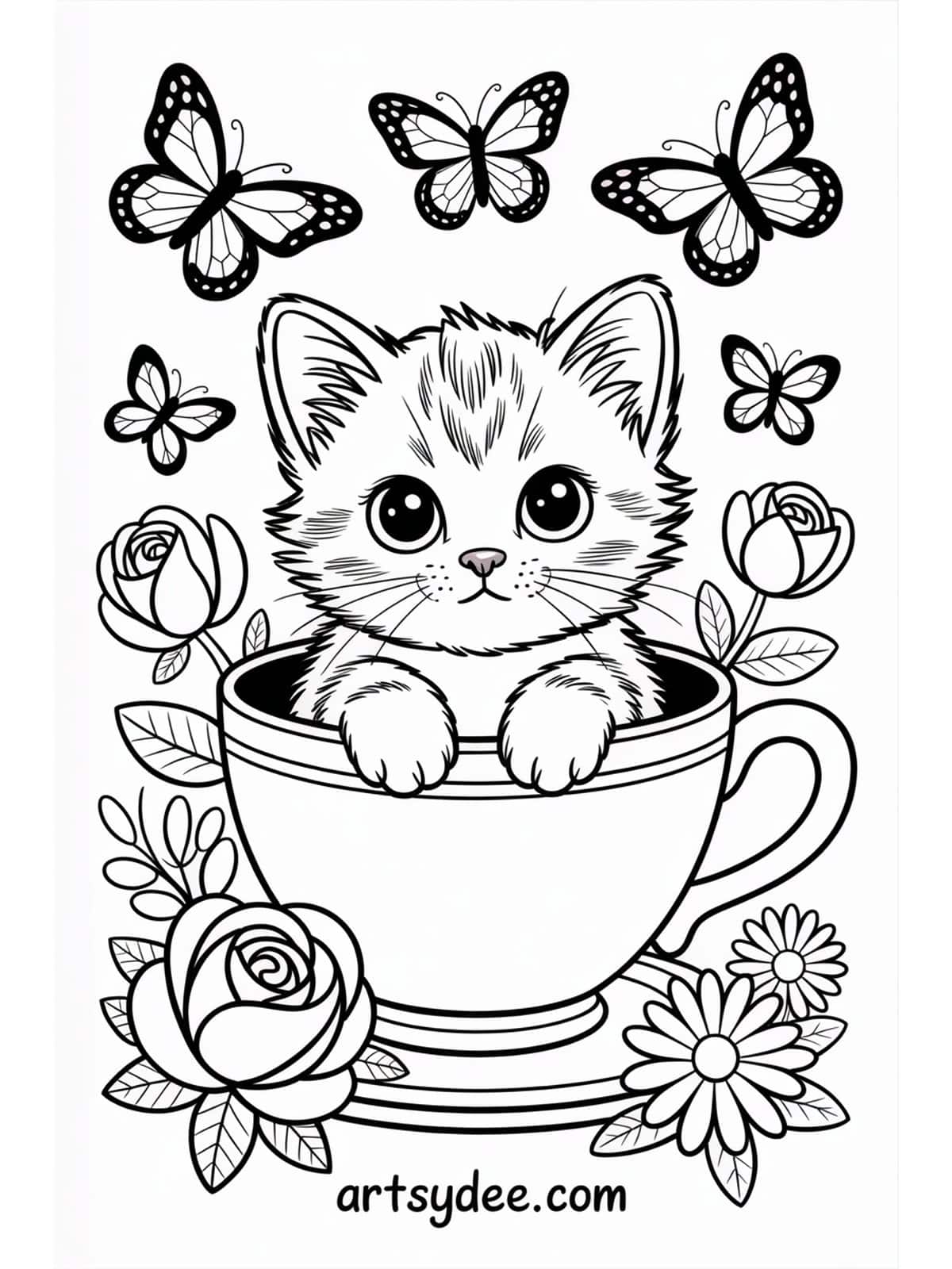 Kitten in rain boot with autumn leaves coloring page - free printable from artsydee.com