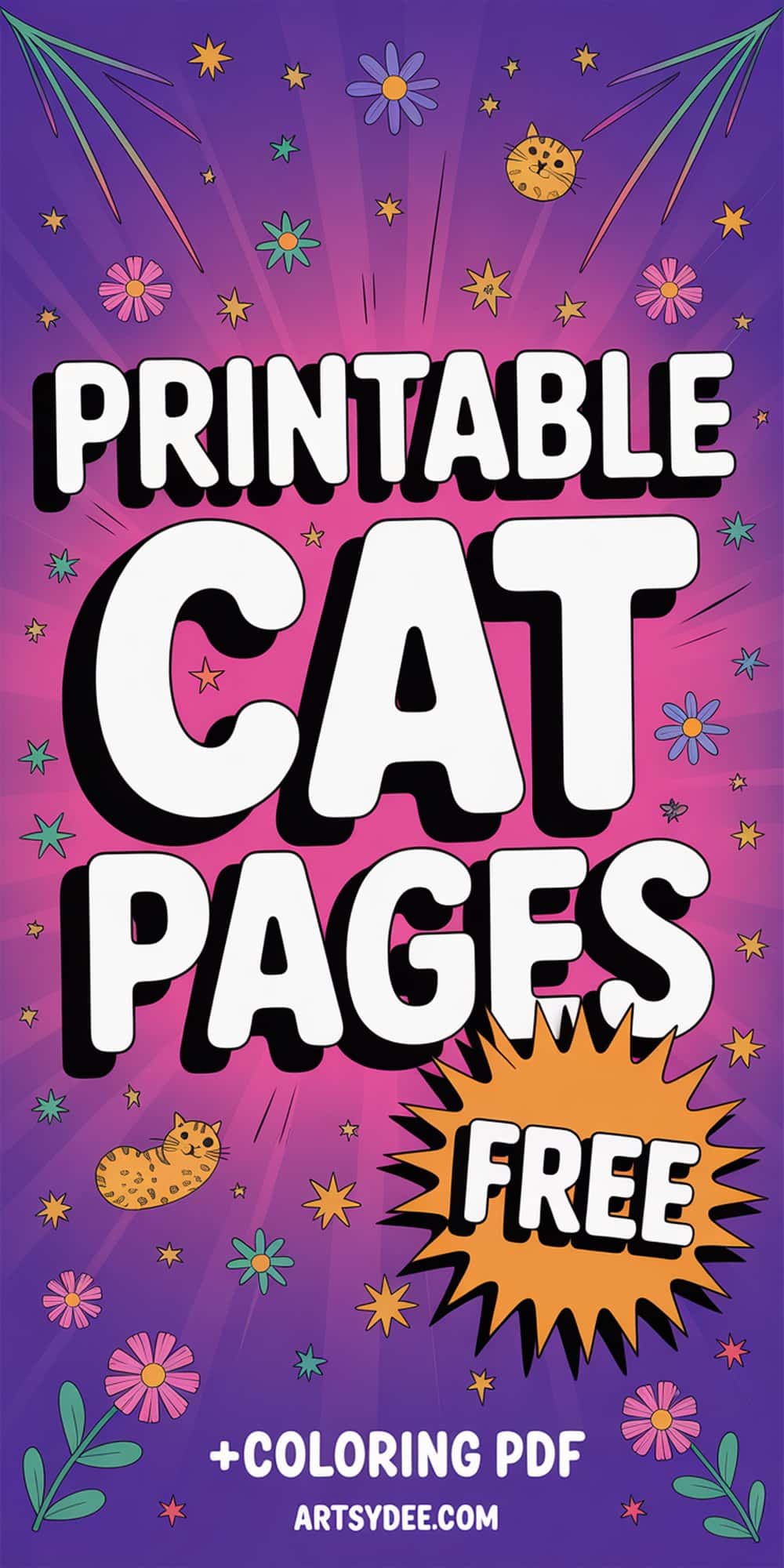 Cat coloring pages Pinterest pin - Printable Cat Pages - free printable from artsydee.com