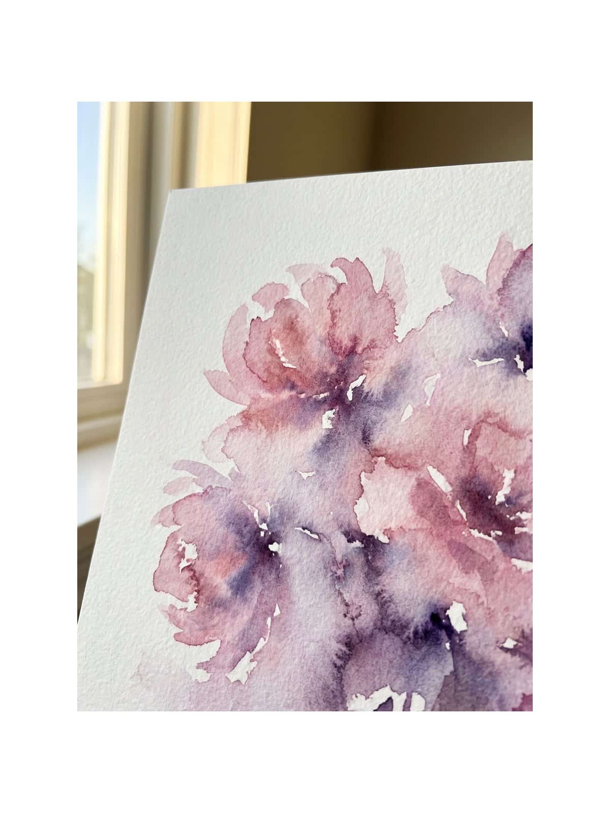 Watercolor supplies needed for loose floral painting including brushes paper and palette