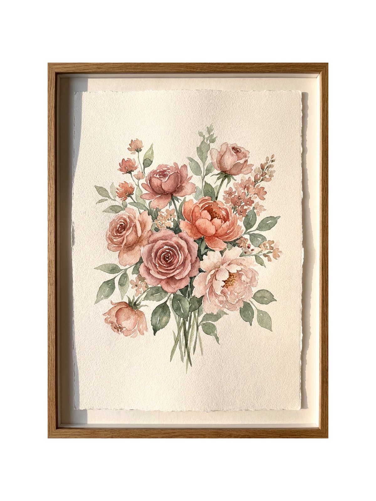 Loose floral bouquet composition with mixed watercolor flowers and greenery