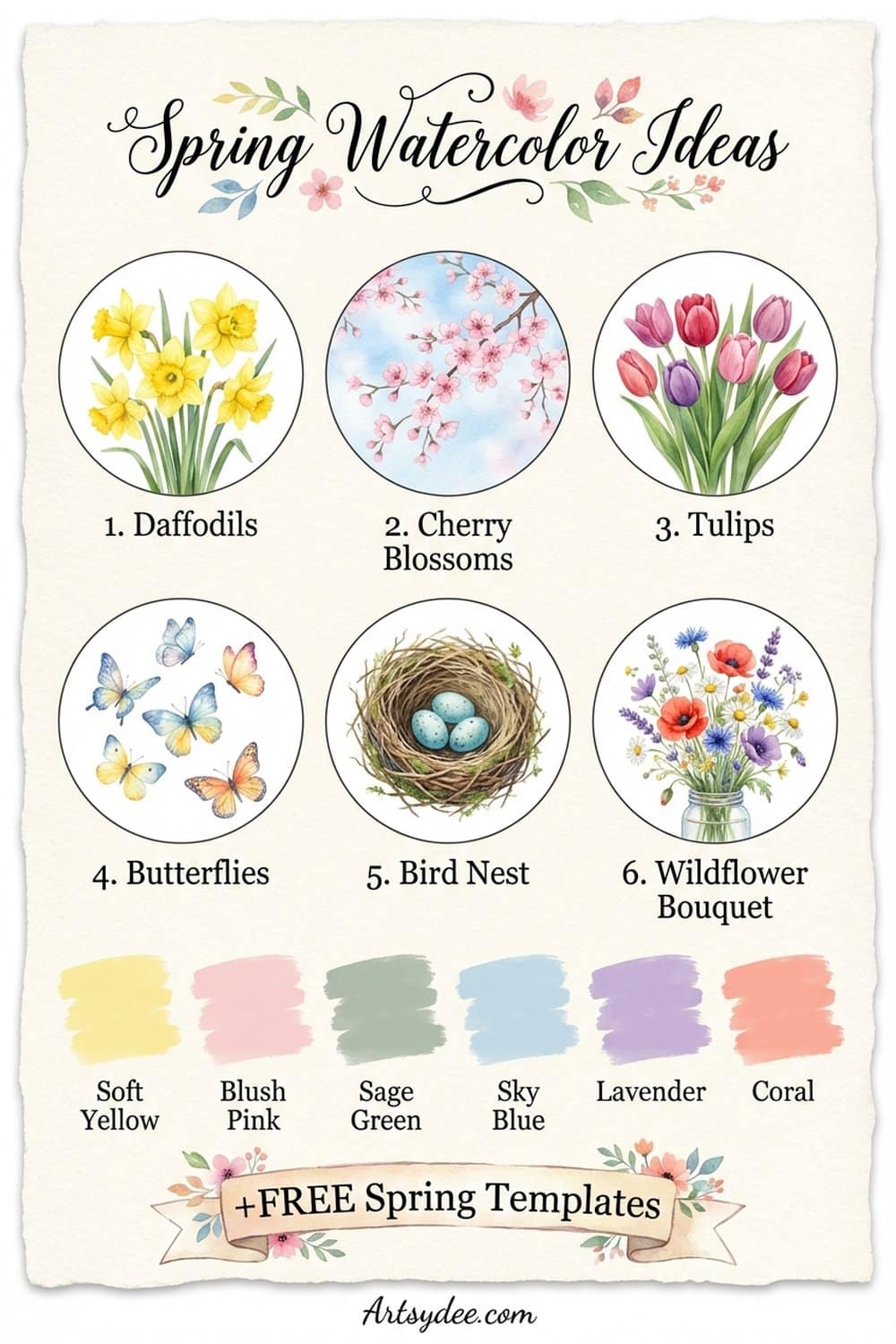 Spring watercolor painting step-by-step infographic by Artsydee
