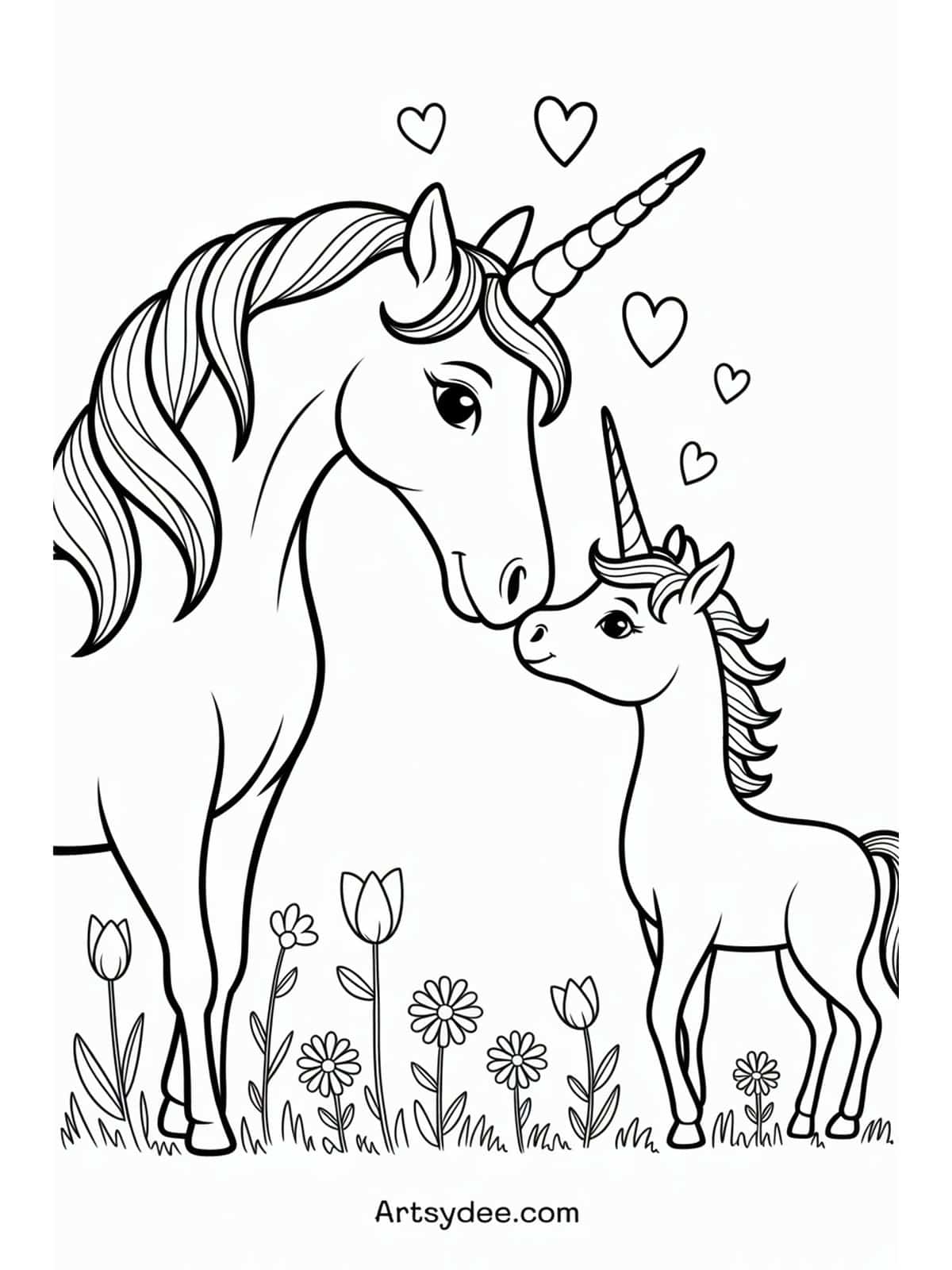 Free unicorn coloring page - Baby unicorn in a flower field with butterflies