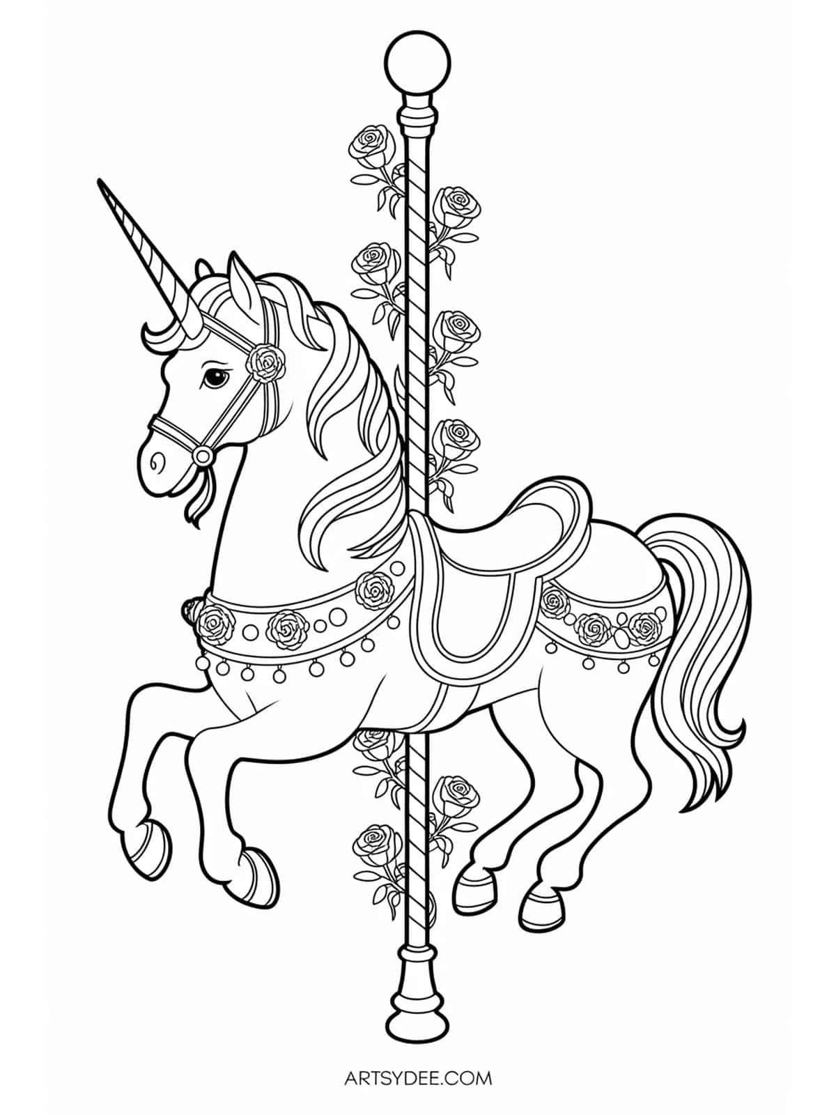 Free unicorn coloring page - Flying unicorn with wings and rainbow trail