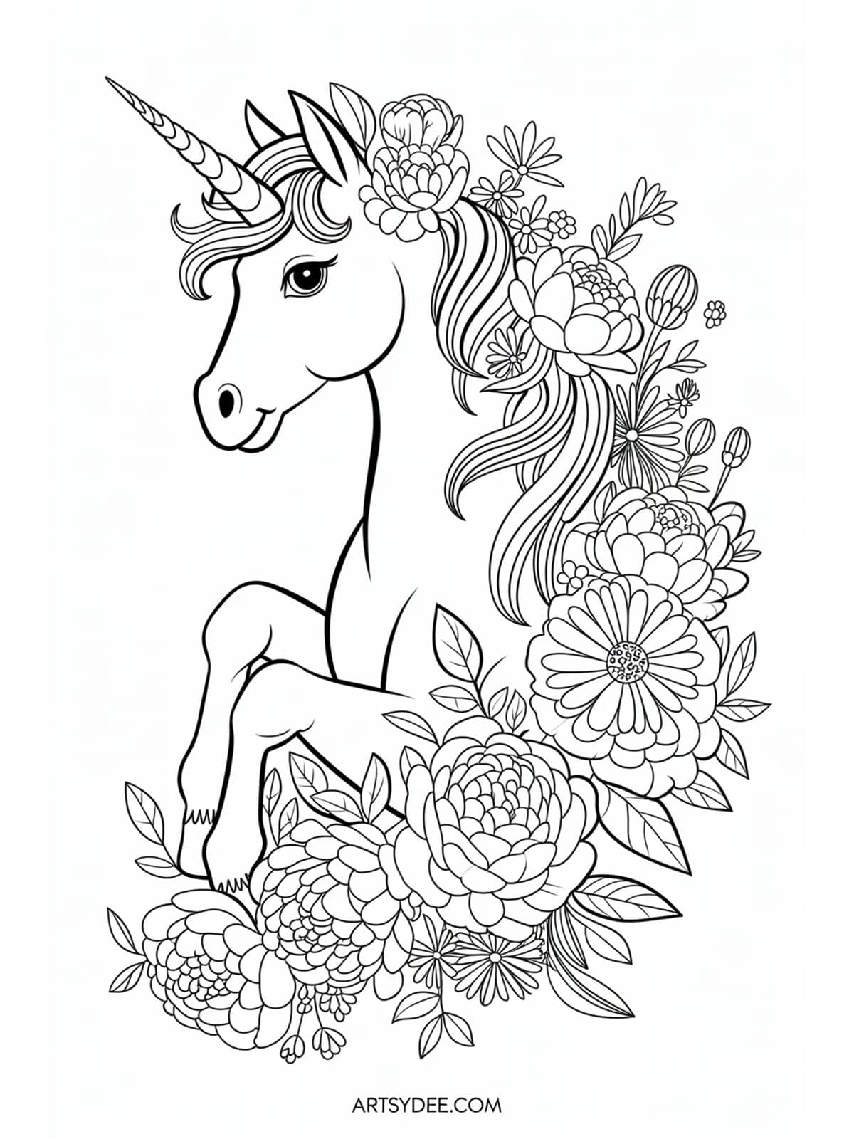 Free unicorn coloring page - Unicorn princess with crown and castle