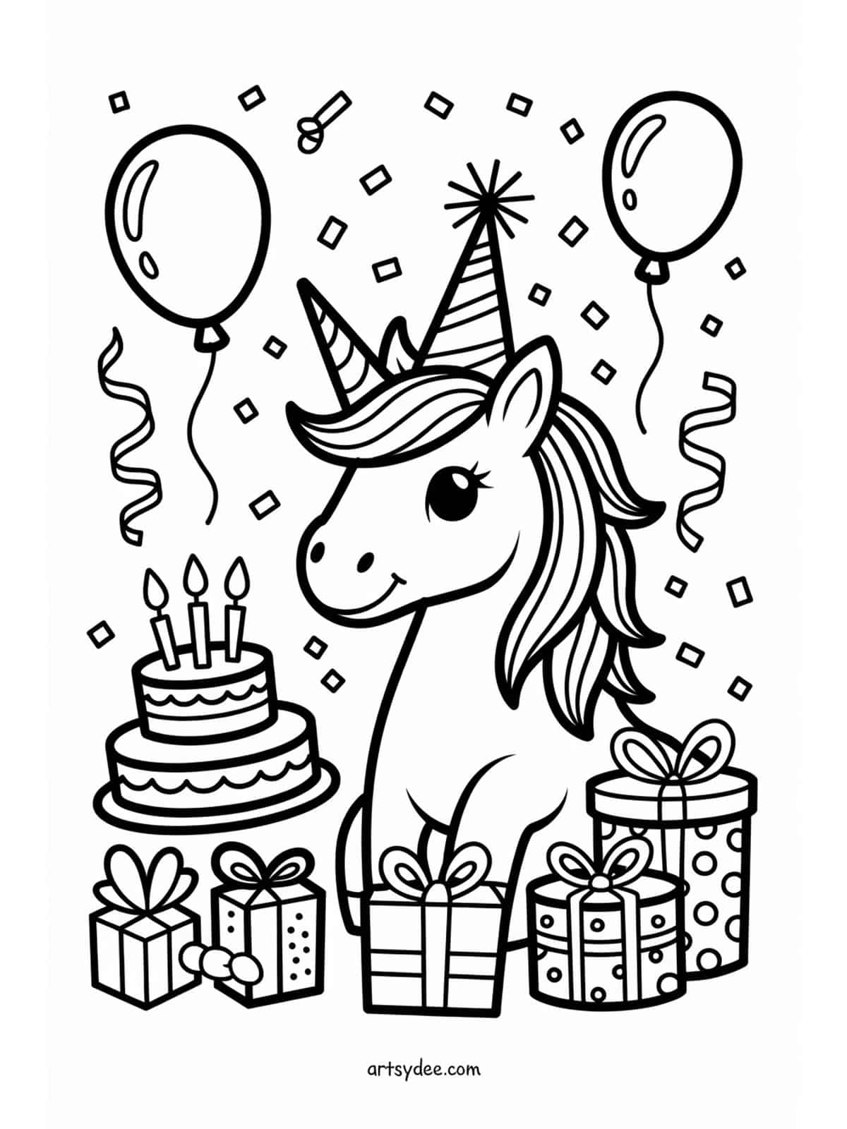 Free unicorn coloring page - Unicorn birthday party with cake and balloons