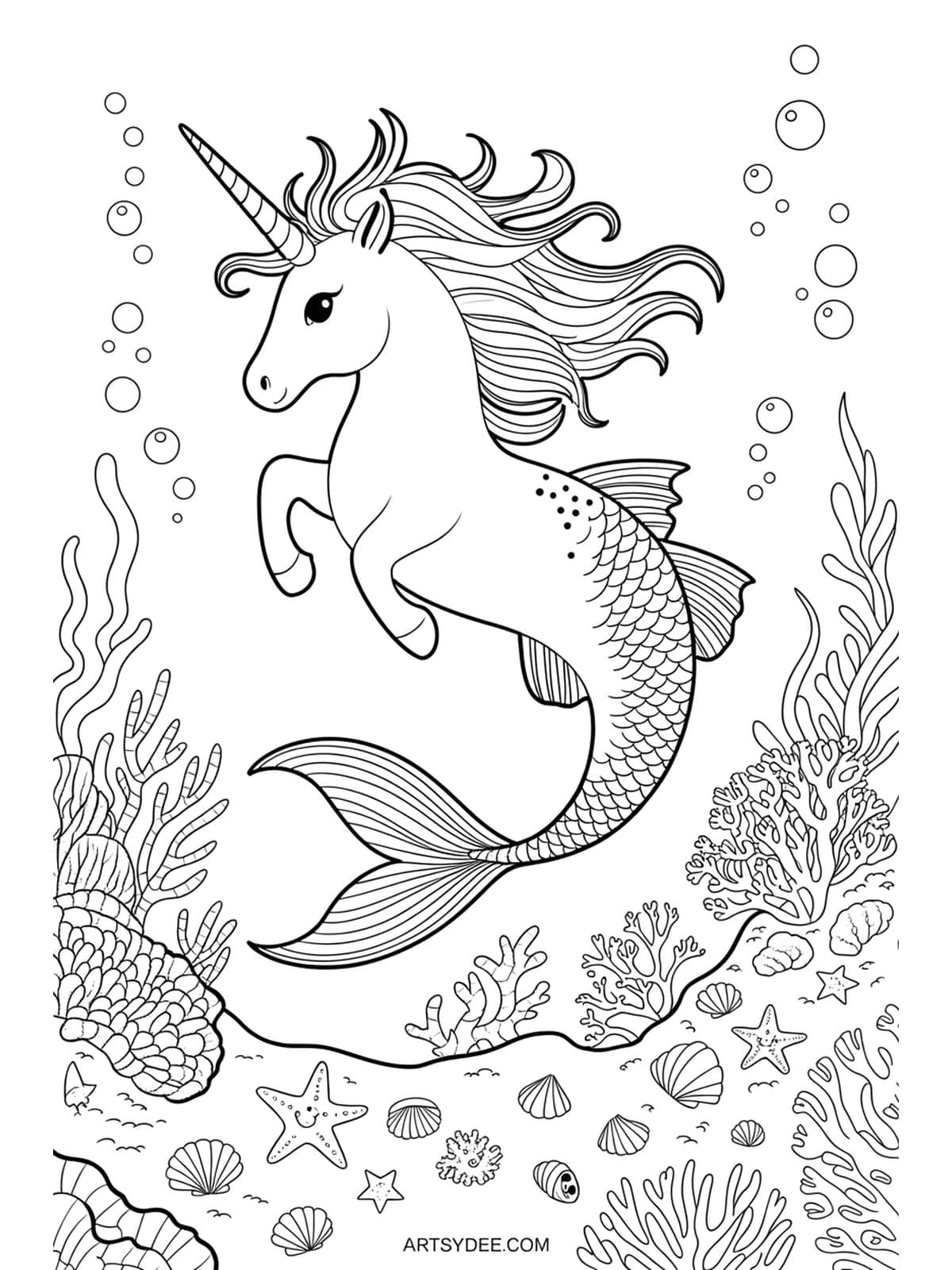 Free unicorn coloring page - Unicorn in magical mushroom garden