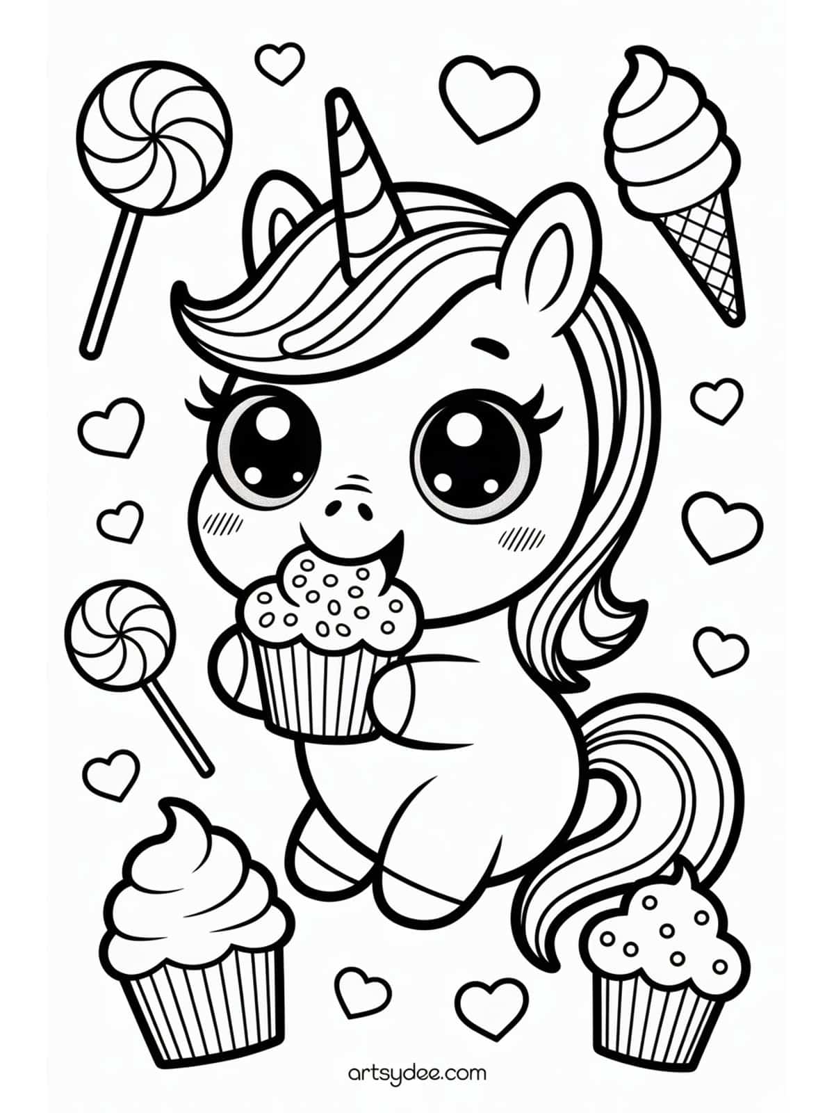 Free unicorn coloring page - Kawaii unicorn eating cupcake with sweets