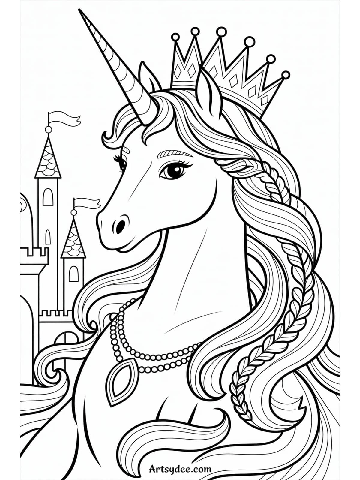 Free unicorn coloring page - Unicorn with floral rose mane