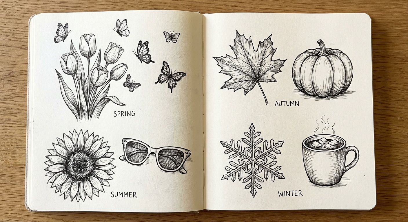 Seasonal doodle ideas for spring summer autumn and winter with simple drawings for each season