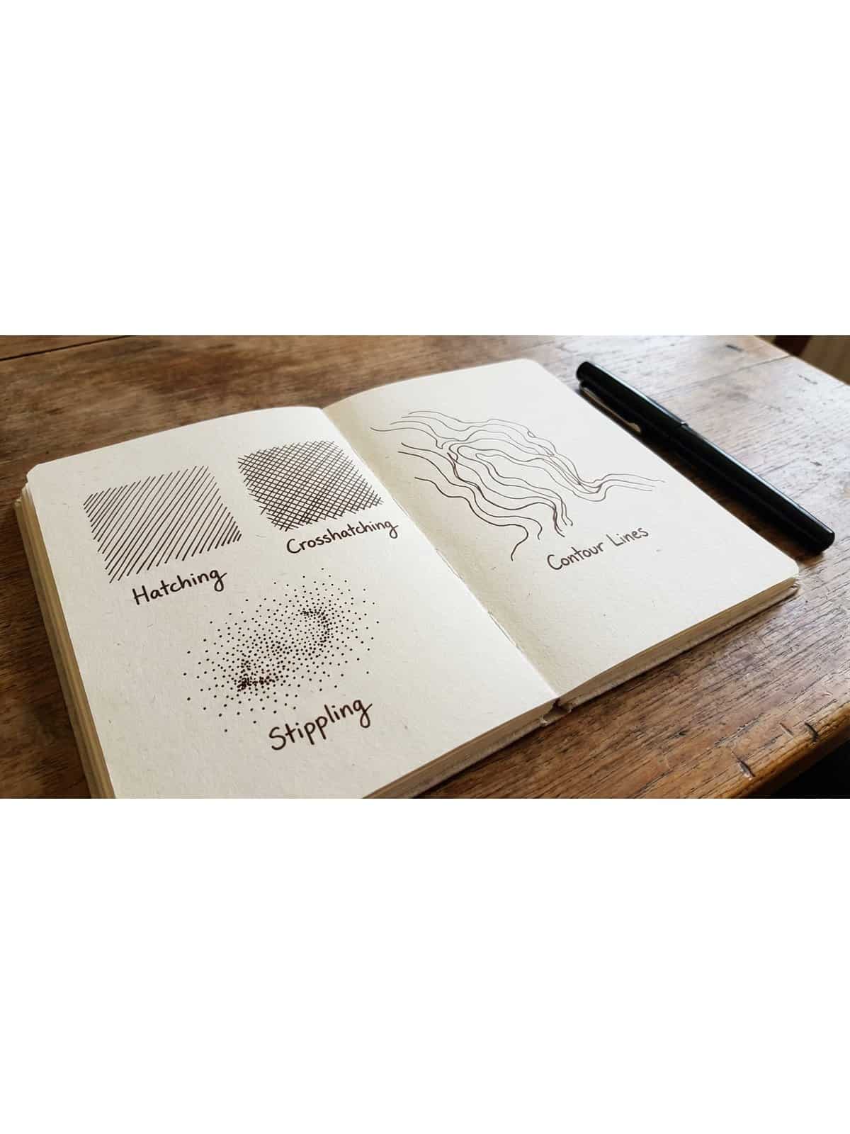 Essential ink drawing techniques showing hatching crosshatching stippling and contour drawing examples