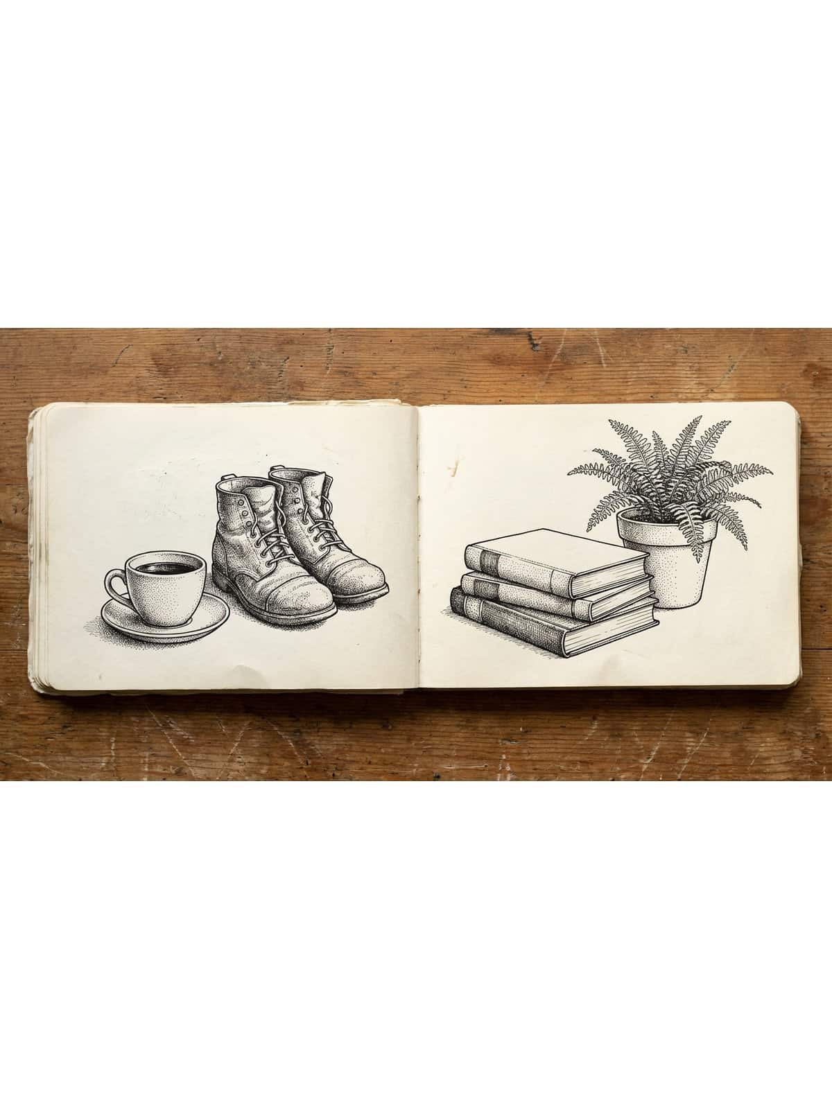 Still life pen sketch ideas with ink drawings of everyday objects including cups books and shoes