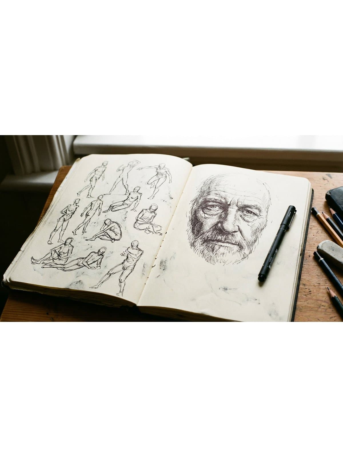 Portrait and figure pen sketch ideas showing ink gesture drawings and detailed face studies