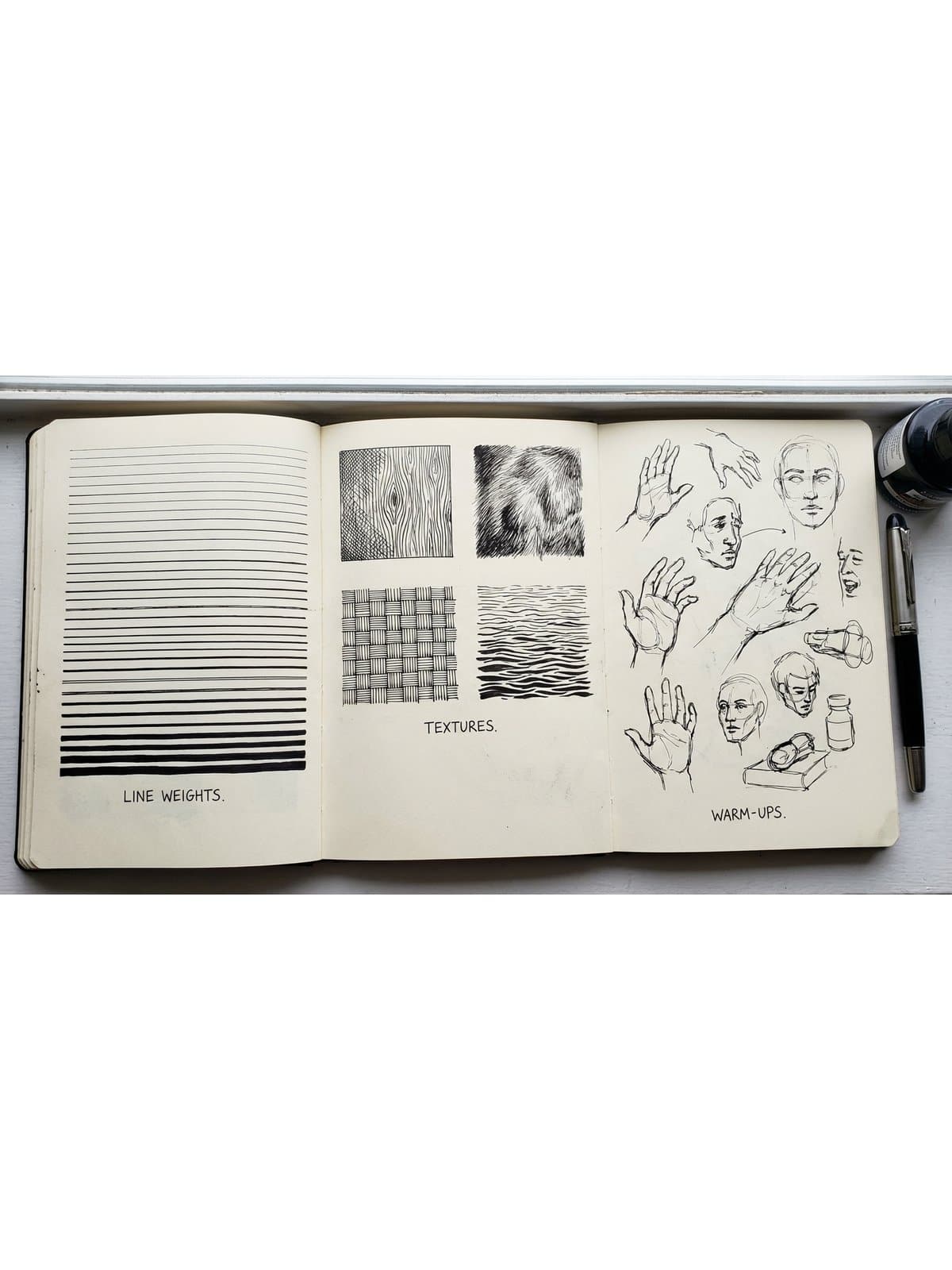 Ink techniques practice pages showing hatching crosshatching and stippling exercises for pen drawing