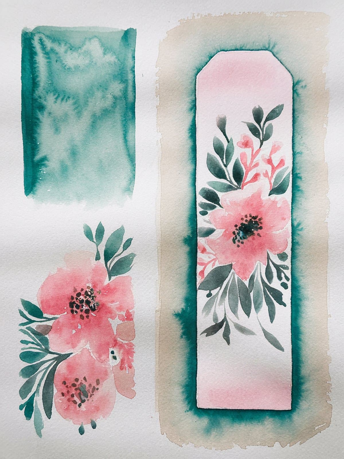Floral watercolor bookmark designs with loose roses and wildflowers