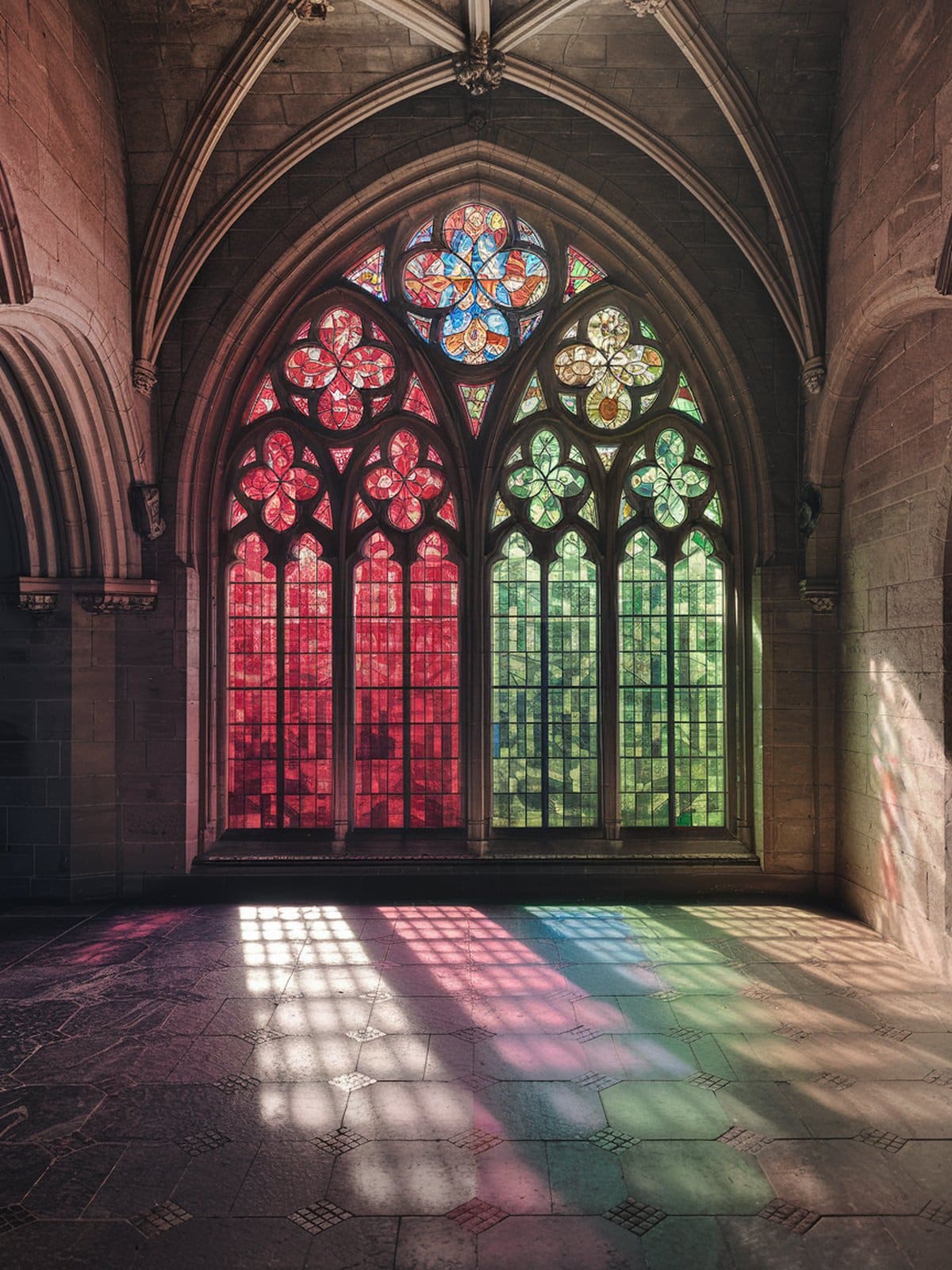 Beautiful stained glass pattern coloring page with cathedral rose window design