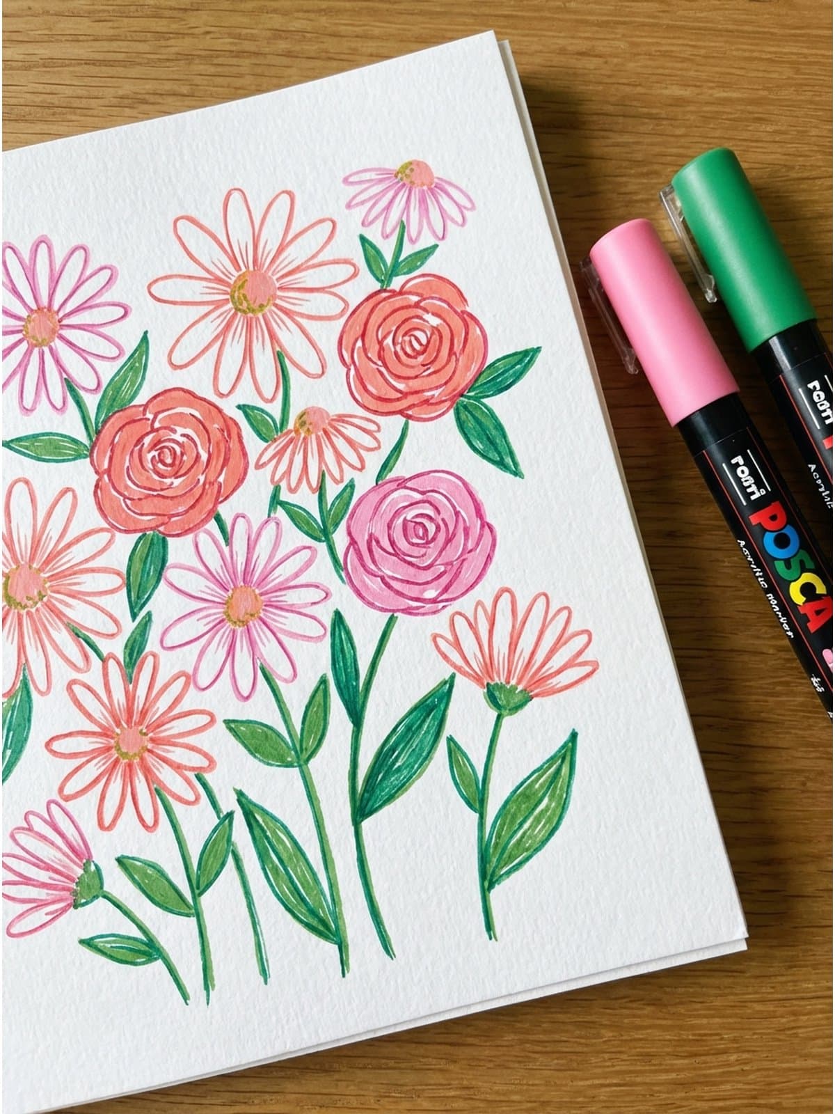 Simple floral drawings with acrylic markers daisies and roses