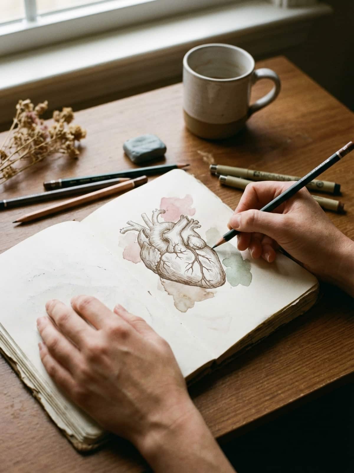 Hands sketching emotional symbolic artwork showing a heart with roots growing from it