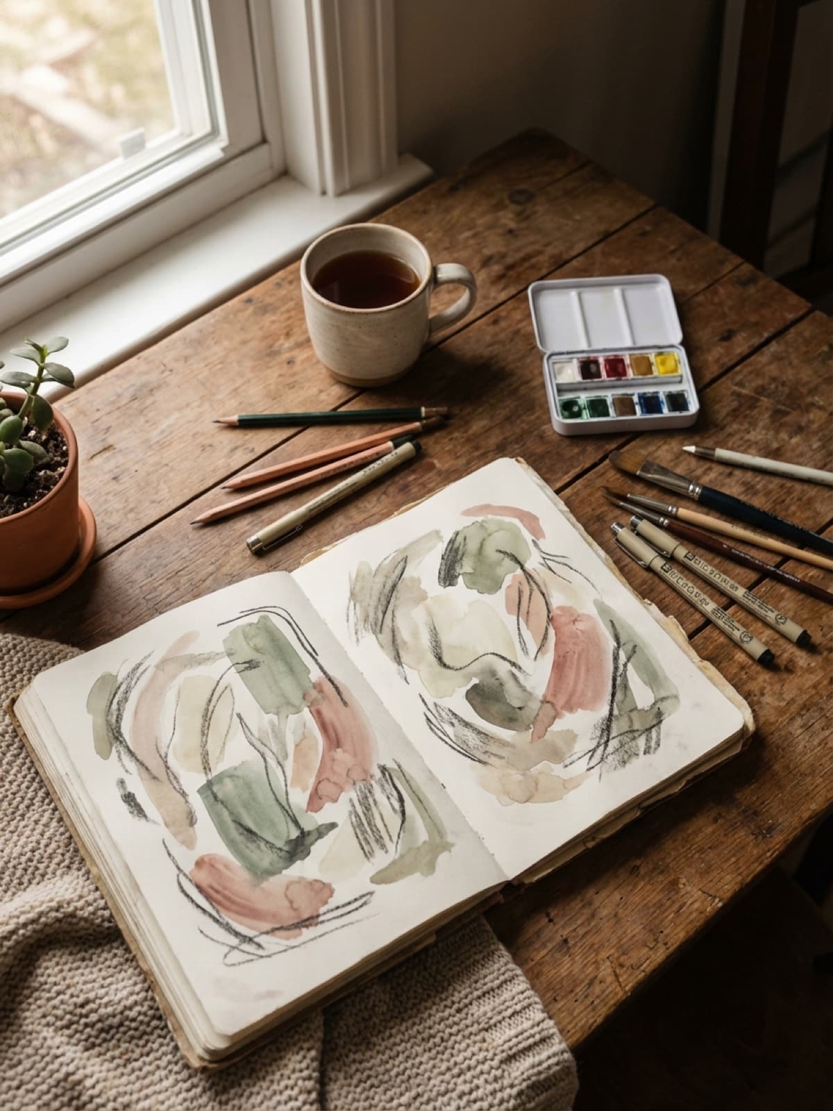 Cozy creative workspace with open sketchbook showing expressive emotional drawings