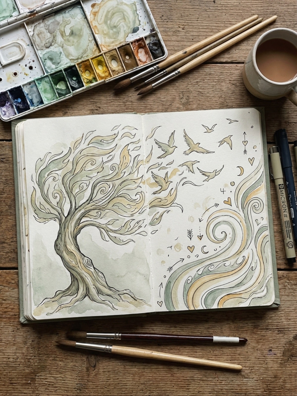 Flat lay of emotional art journal spread with symbolic drawings including trees and birds