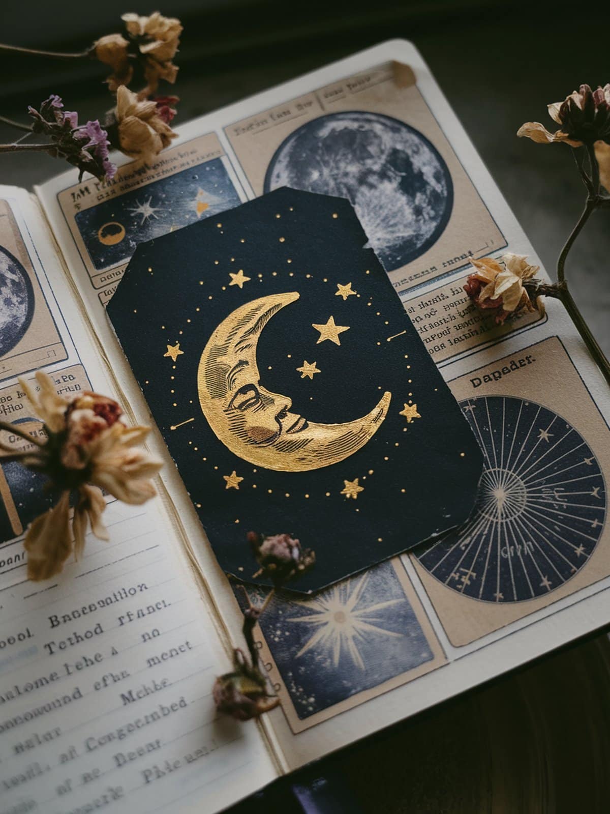 Moon phase junk journal spread with celestial elements