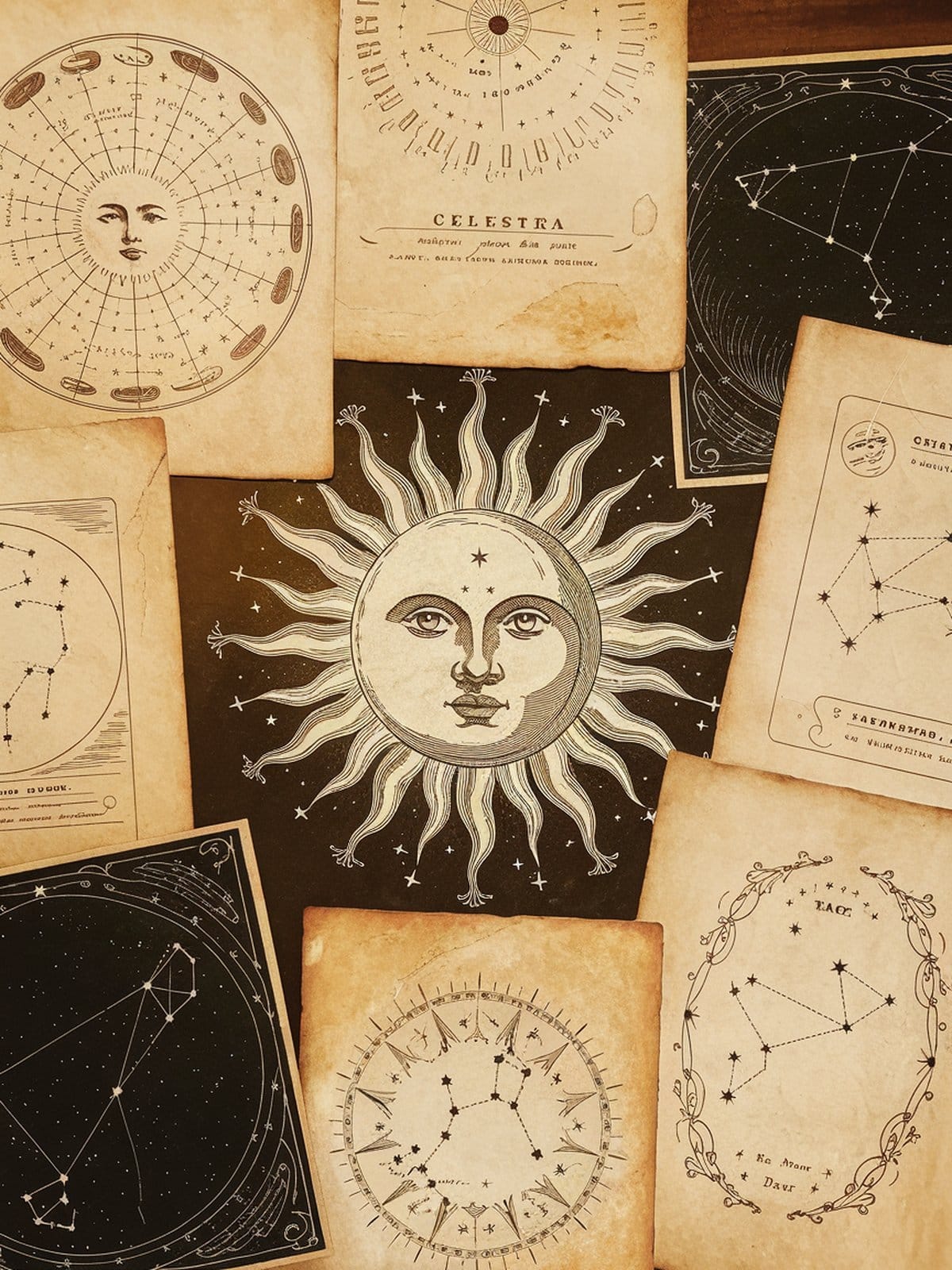 Celestial ephemera sun moon stars compass rose embellishments