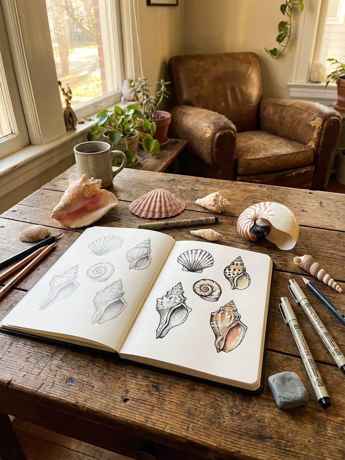 Open sketchbook with seashell drawings and drawing supplies
