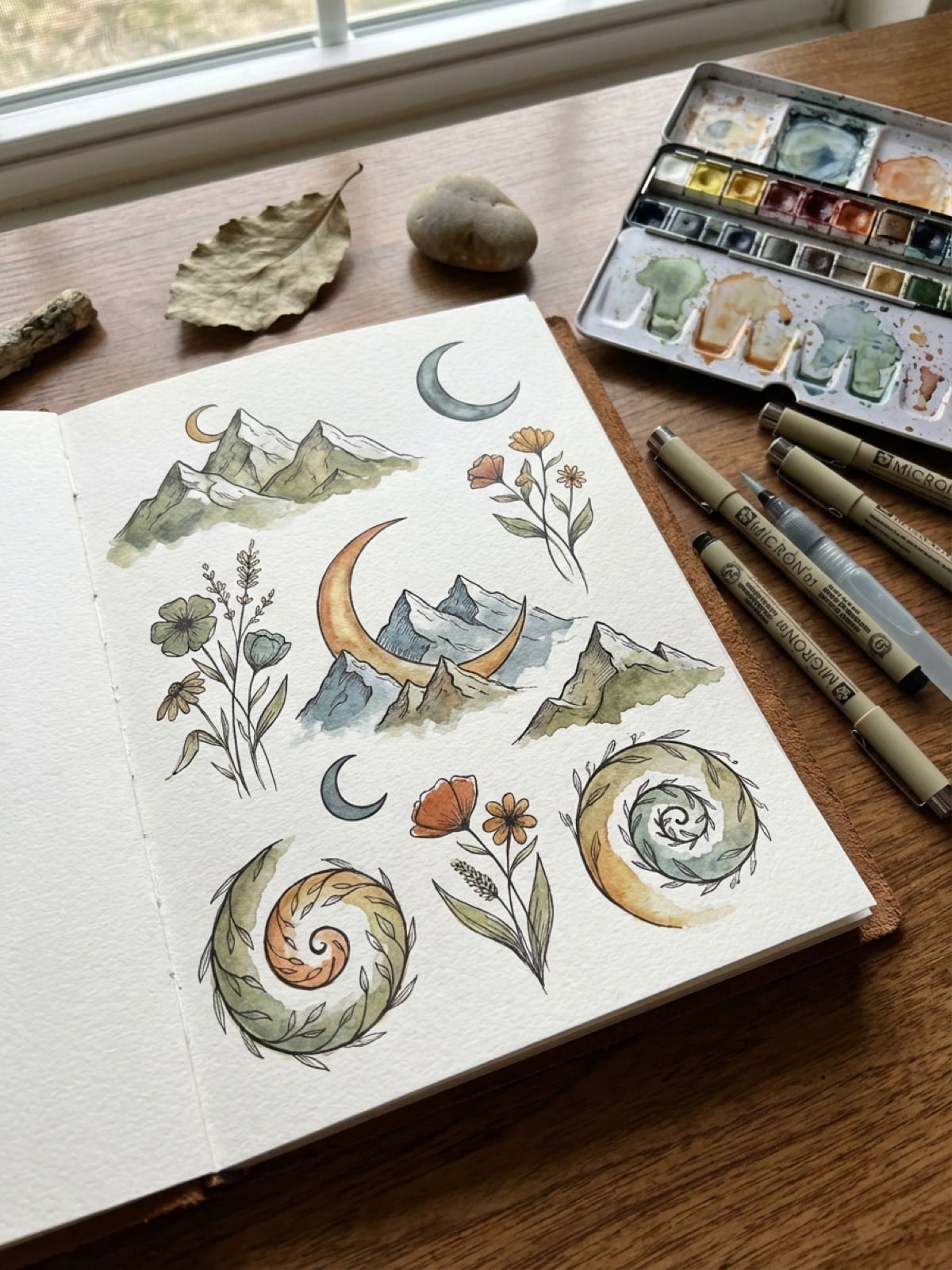 Open sketchbook with nature-inspired symbolic drawings featuring mountains, moons, and flowers