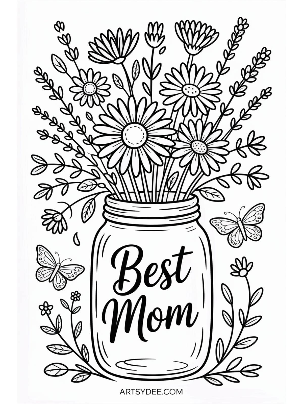 Mothers Day coloring page - cottage garden gate with climbing roses and stone path