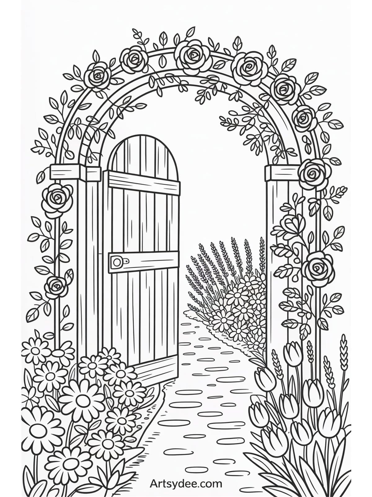 Mothers Day coloring page - flower bouquet with roses and peonies tied with ribbon