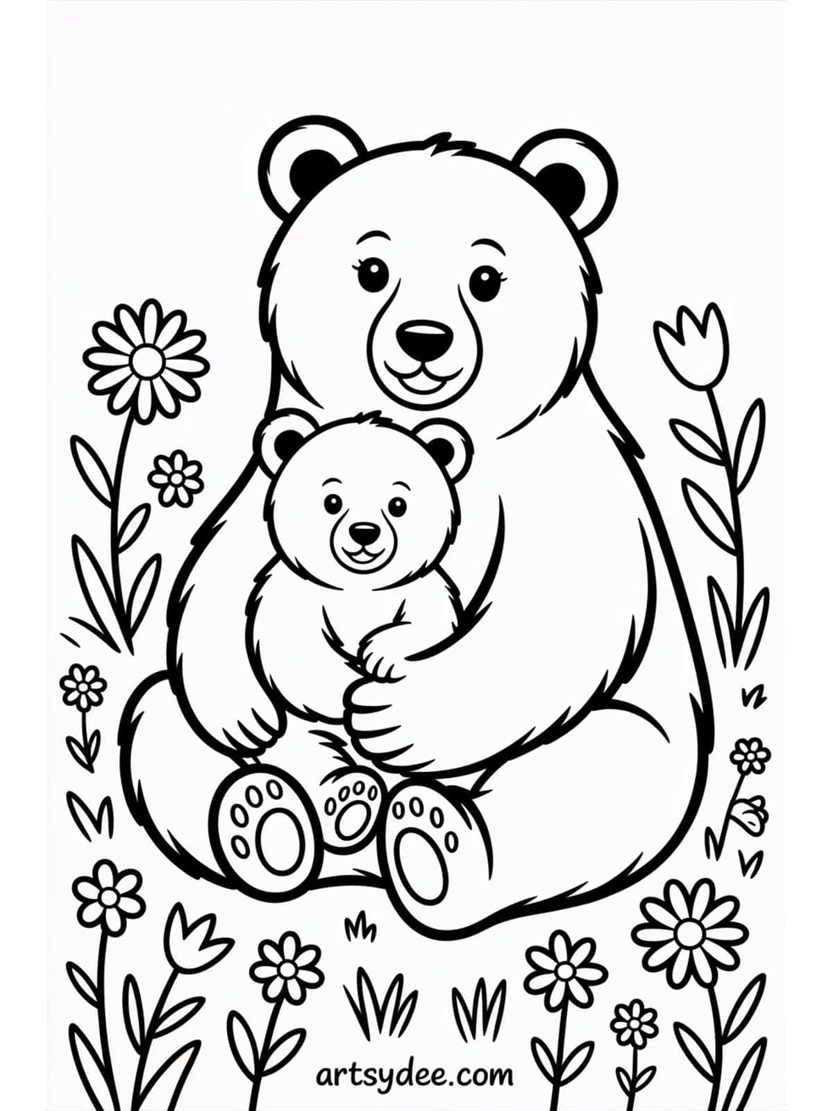 Mothers Day coloring page - mama bear and baby bear in a wildflower meadow