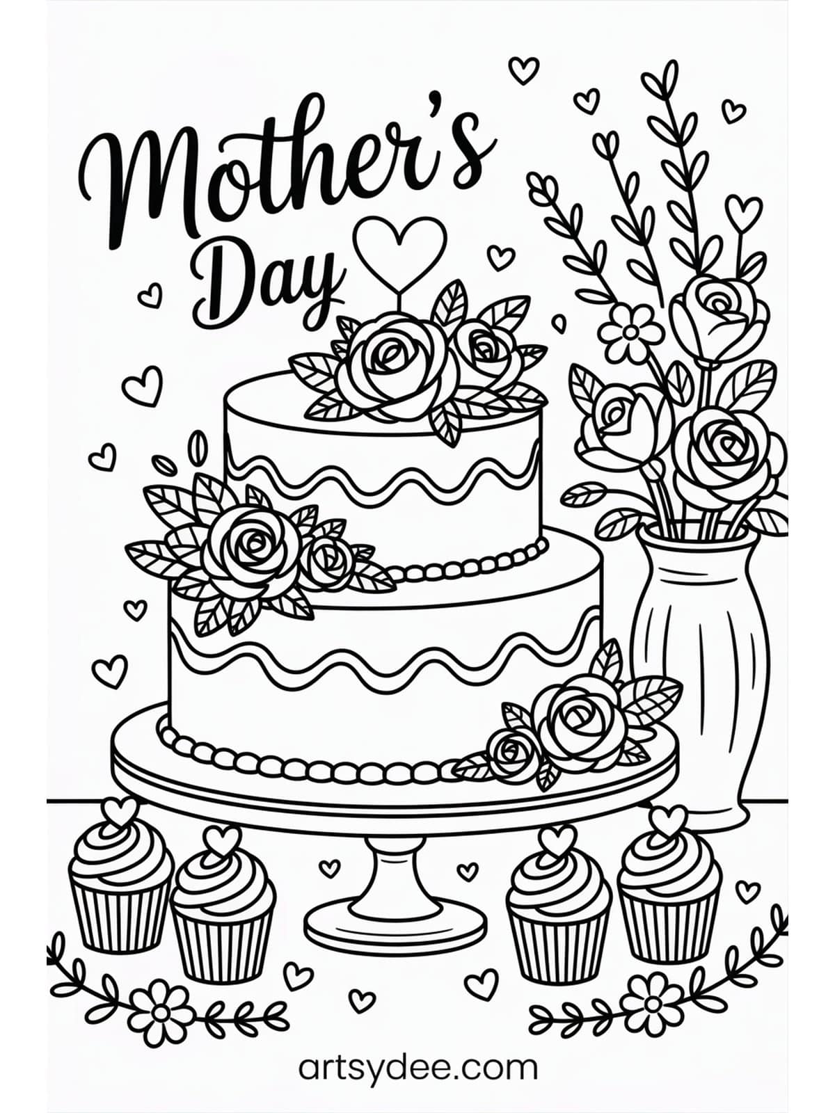 Mothers Day coloring page - breakfast in bed tray with pancakes and flowers