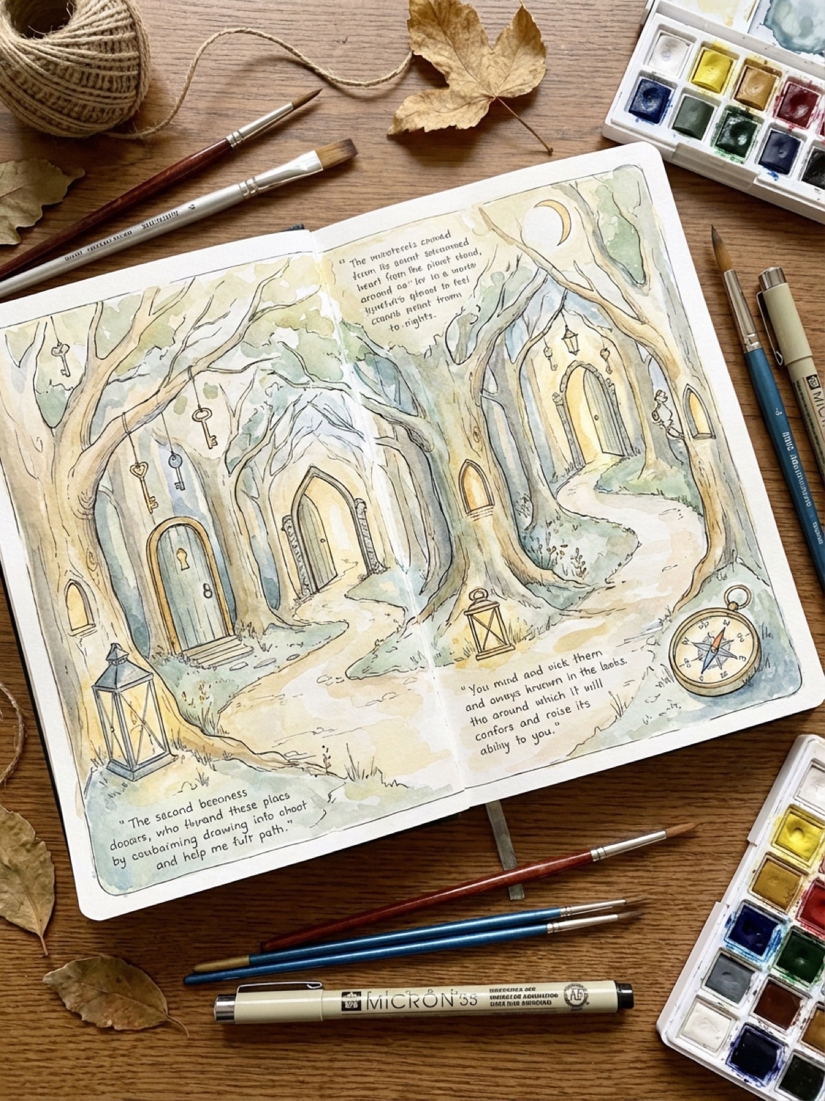 Beautiful sketchbook spread with symbolic story-telling drawings showing a journey metaphor