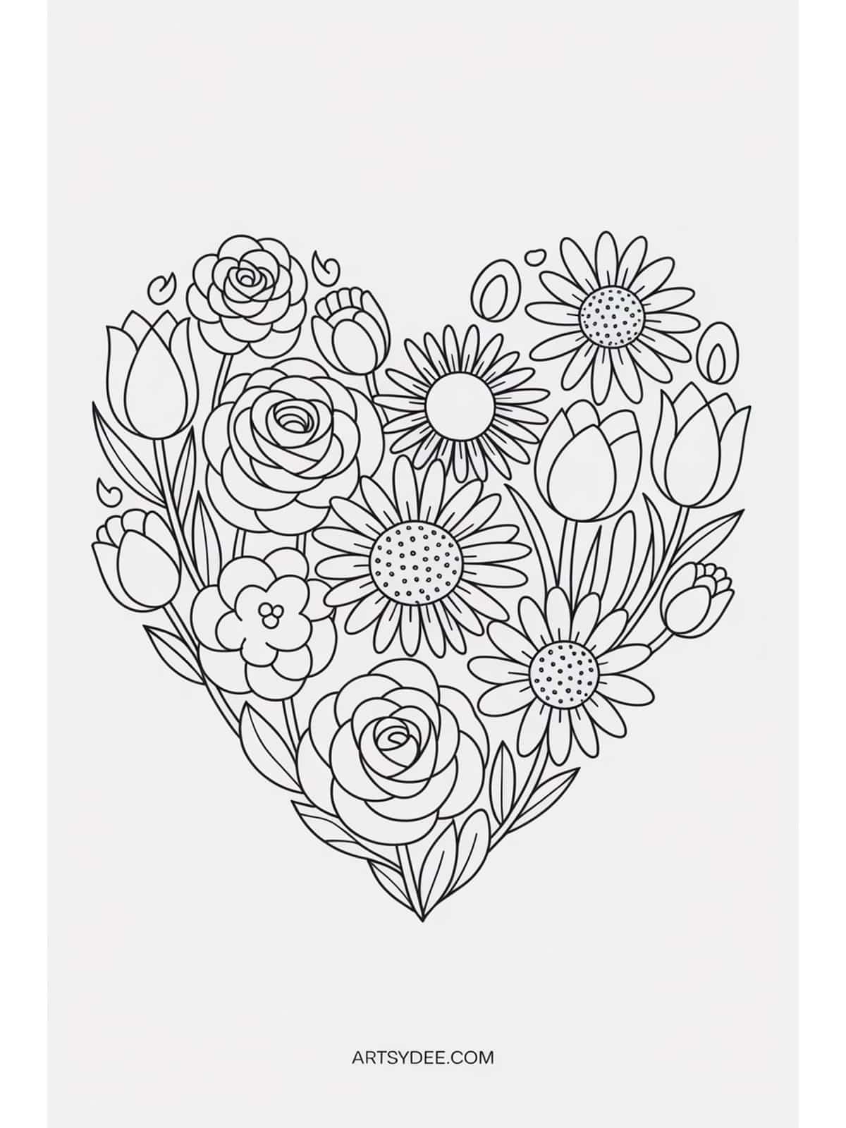Mothers Day coloring page - teacup filled with flowers and macarons tea party
