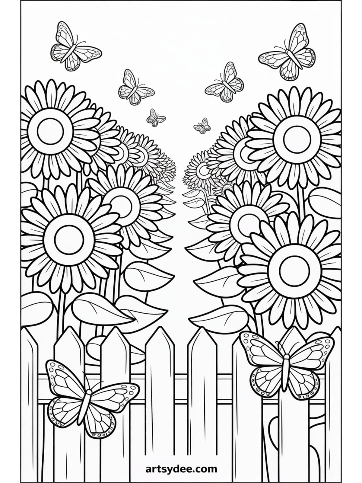 Mothers Day coloring page - sunflower field with picket fence and butterflies