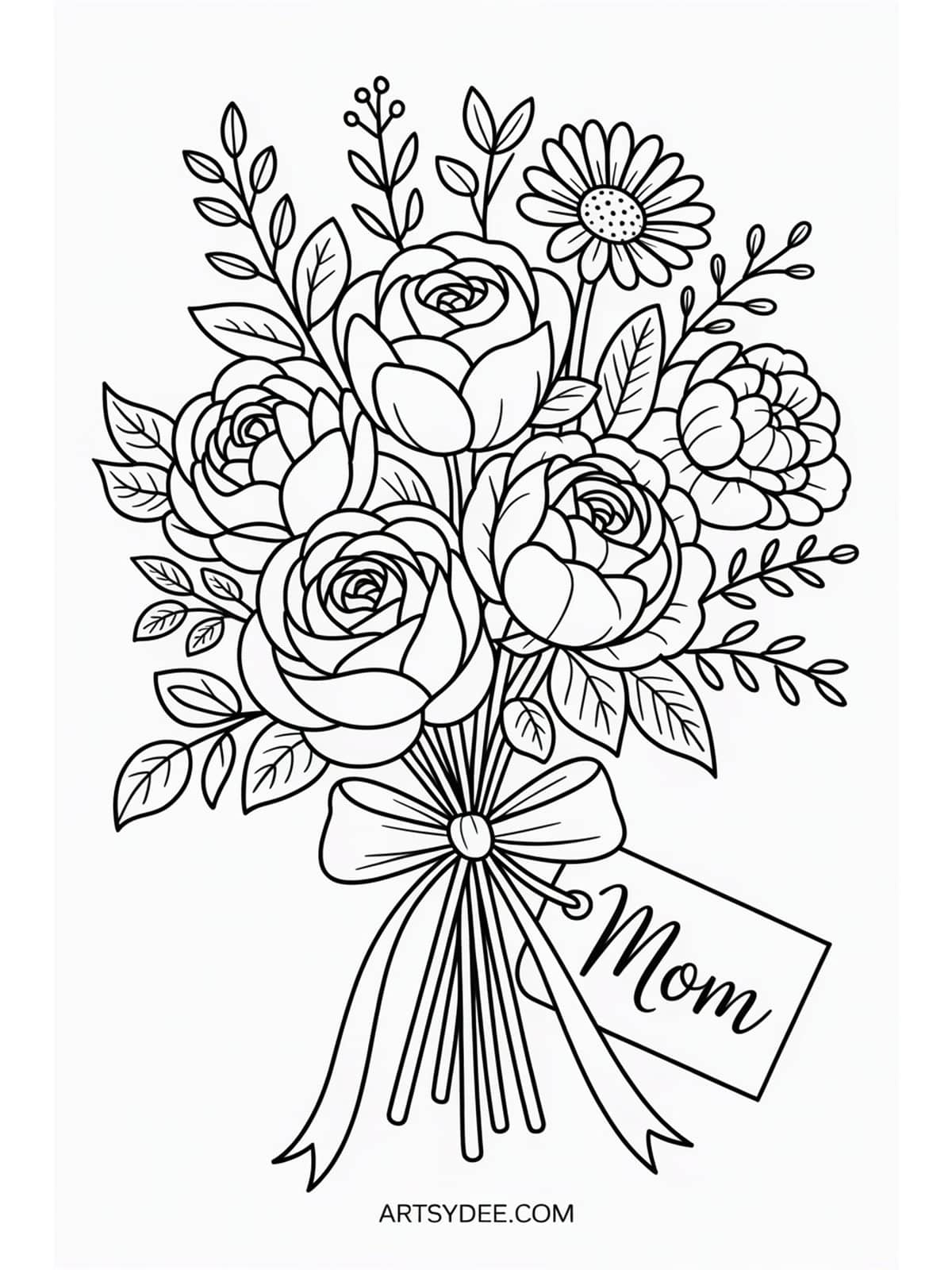 Mothers Day coloring page - celebration cake decorated with flowers and hearts