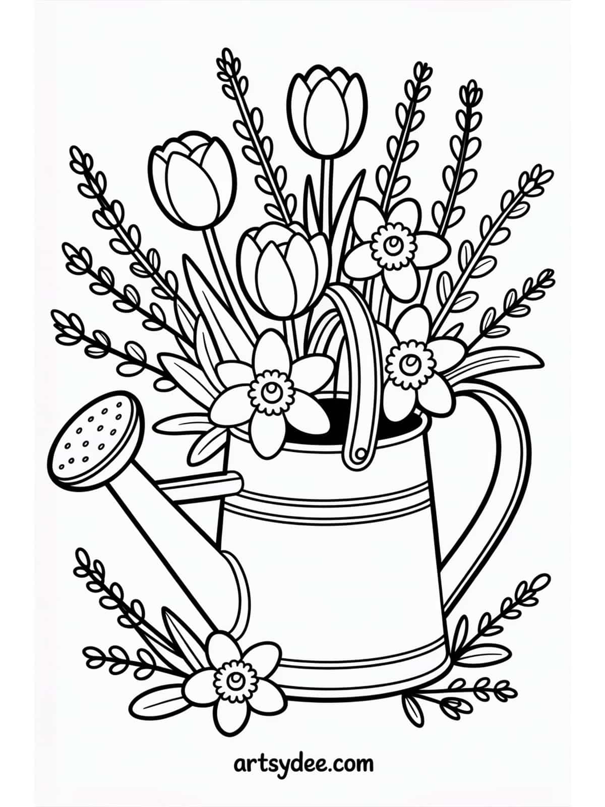 Mothers Day coloring page - decorative watering can with spring flowers