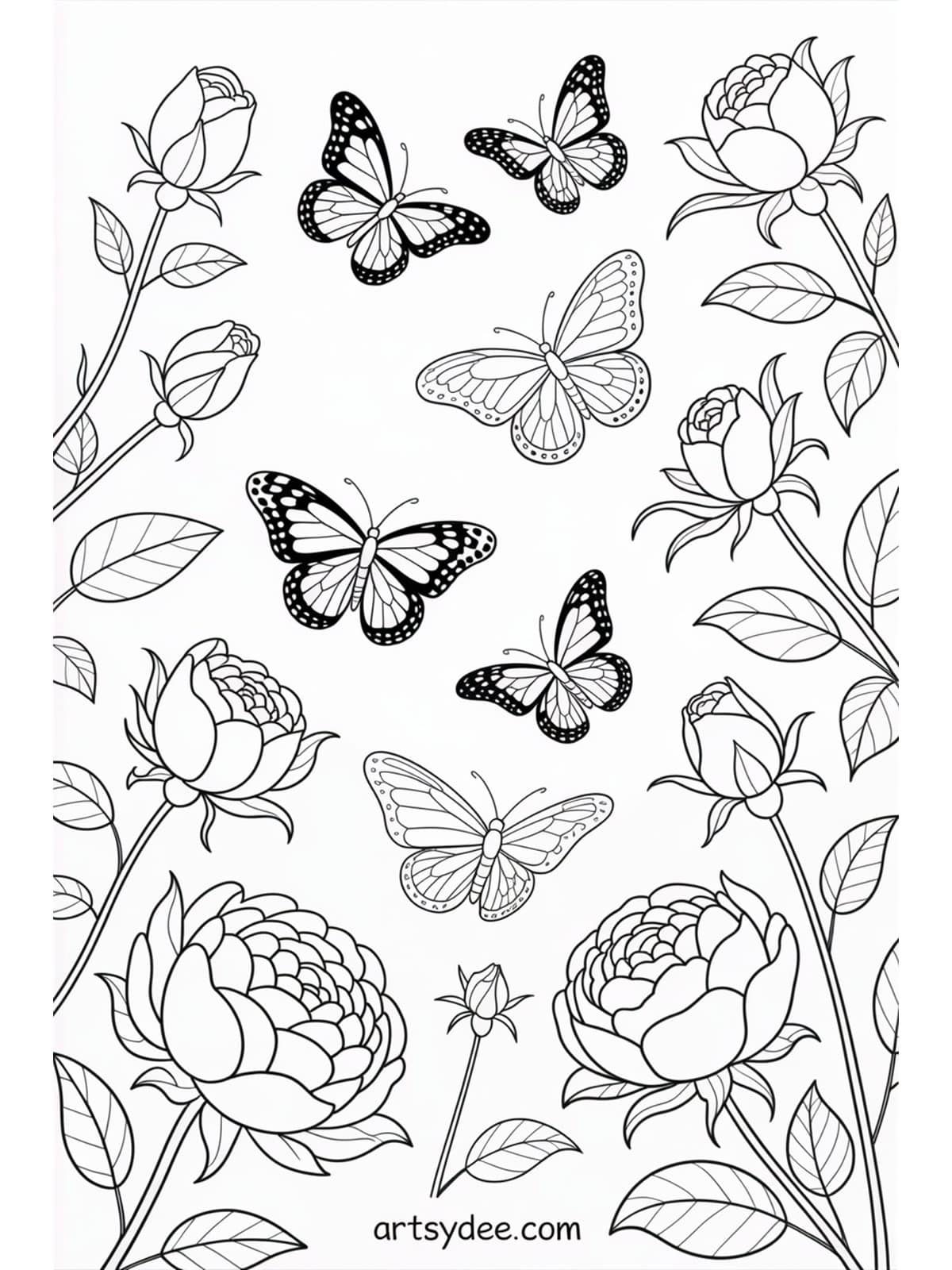 Mothers Day coloring page - floral wreath with roses peonies and eucalyptus