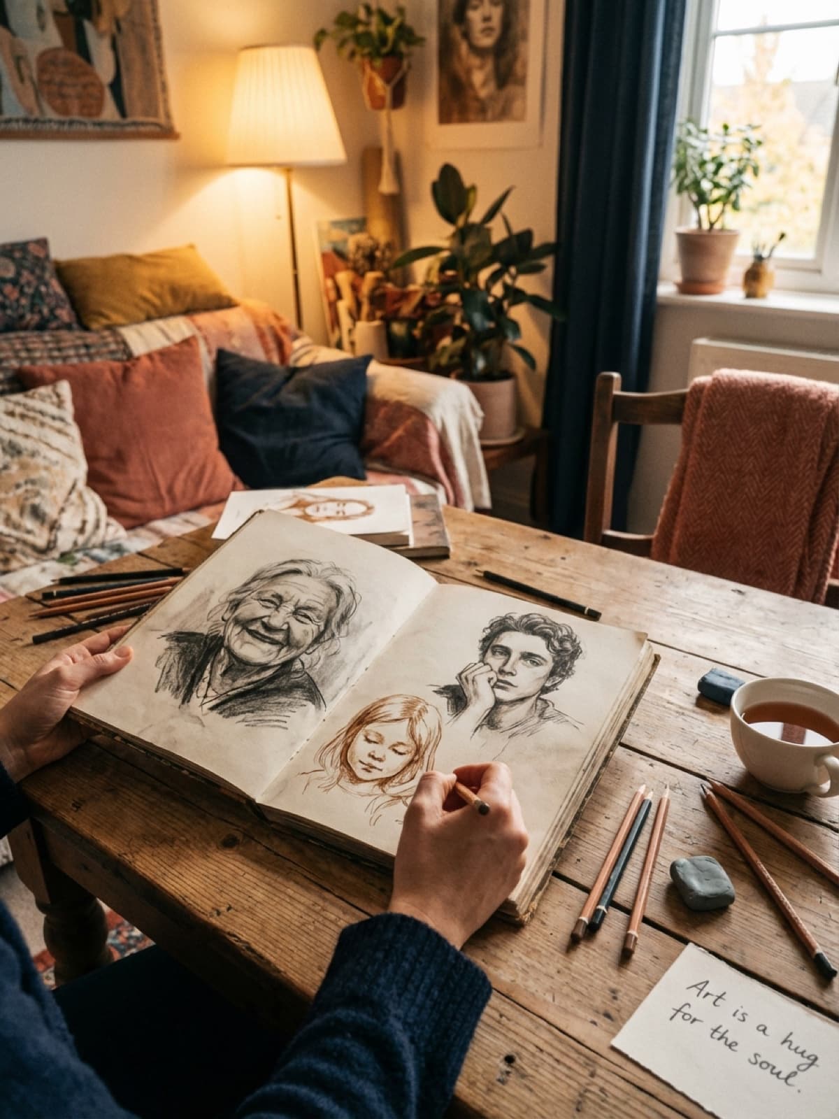 Cozy scene with hands working on expressive portrait sketches showing emotional expressions