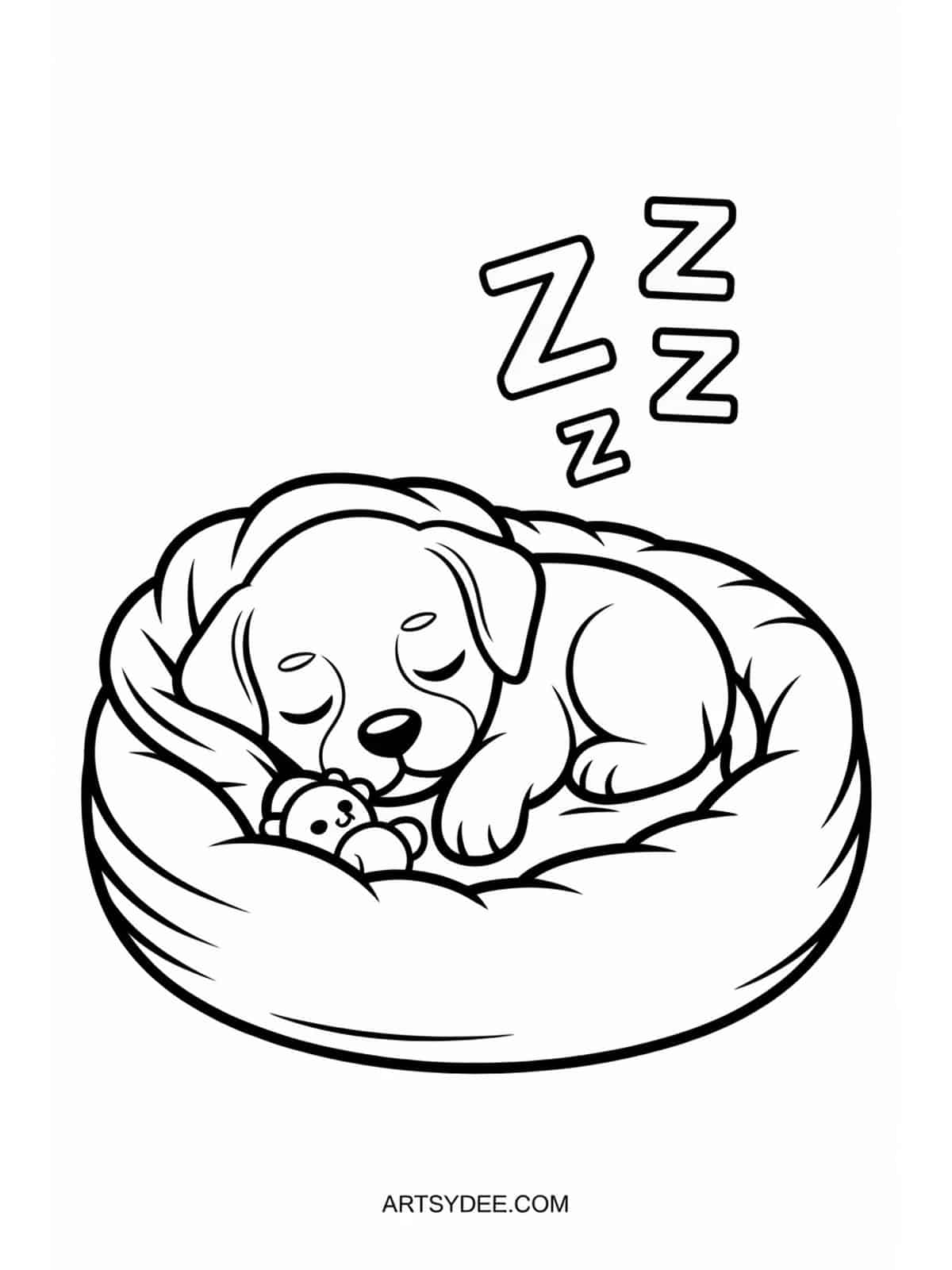 Sleepy puppy in cozy dog bed coloring page - free printable from artsydee.com