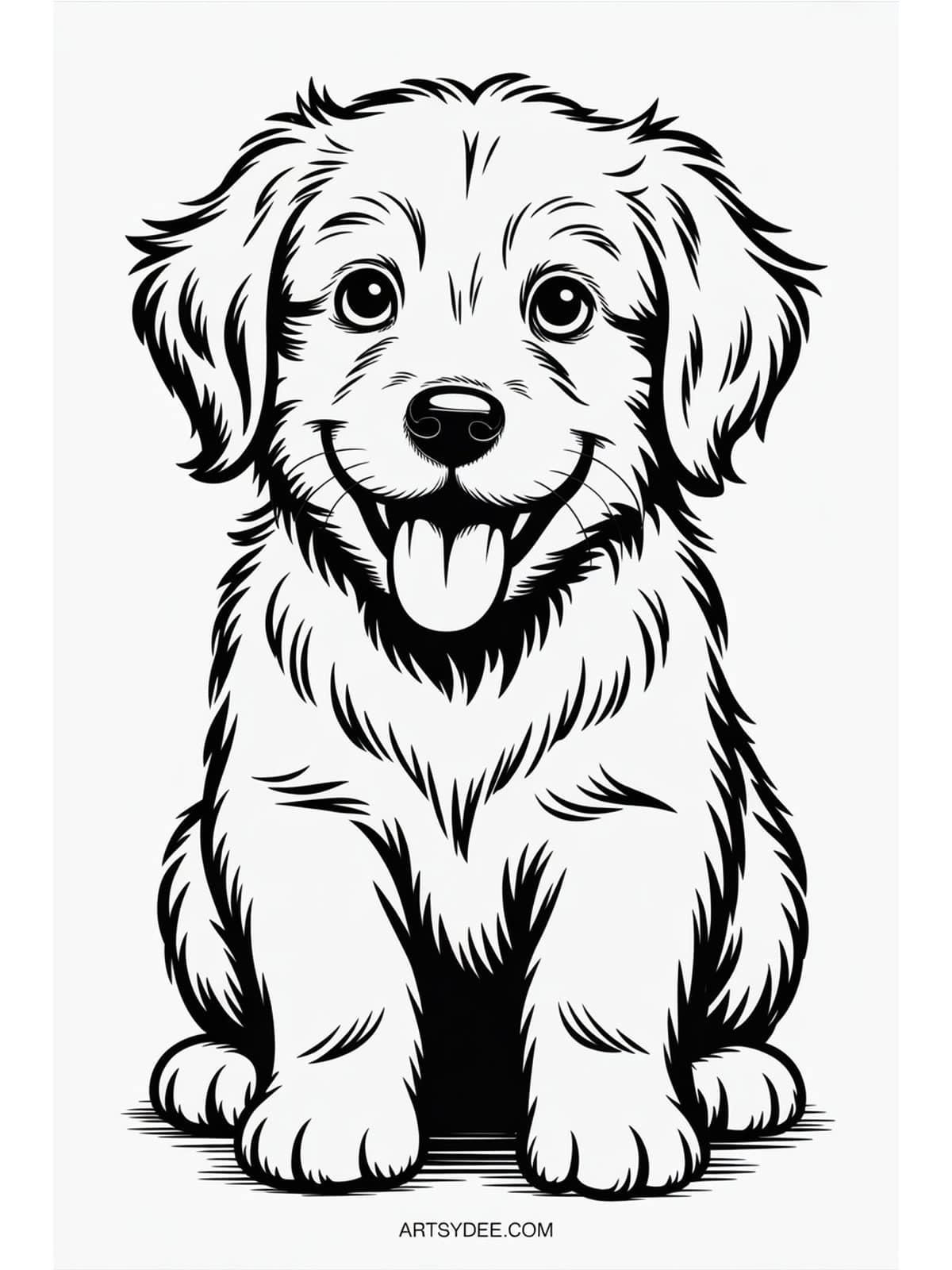 Bulldog in superhero cape flying through clouds coloring page - free printable from artsydee.com