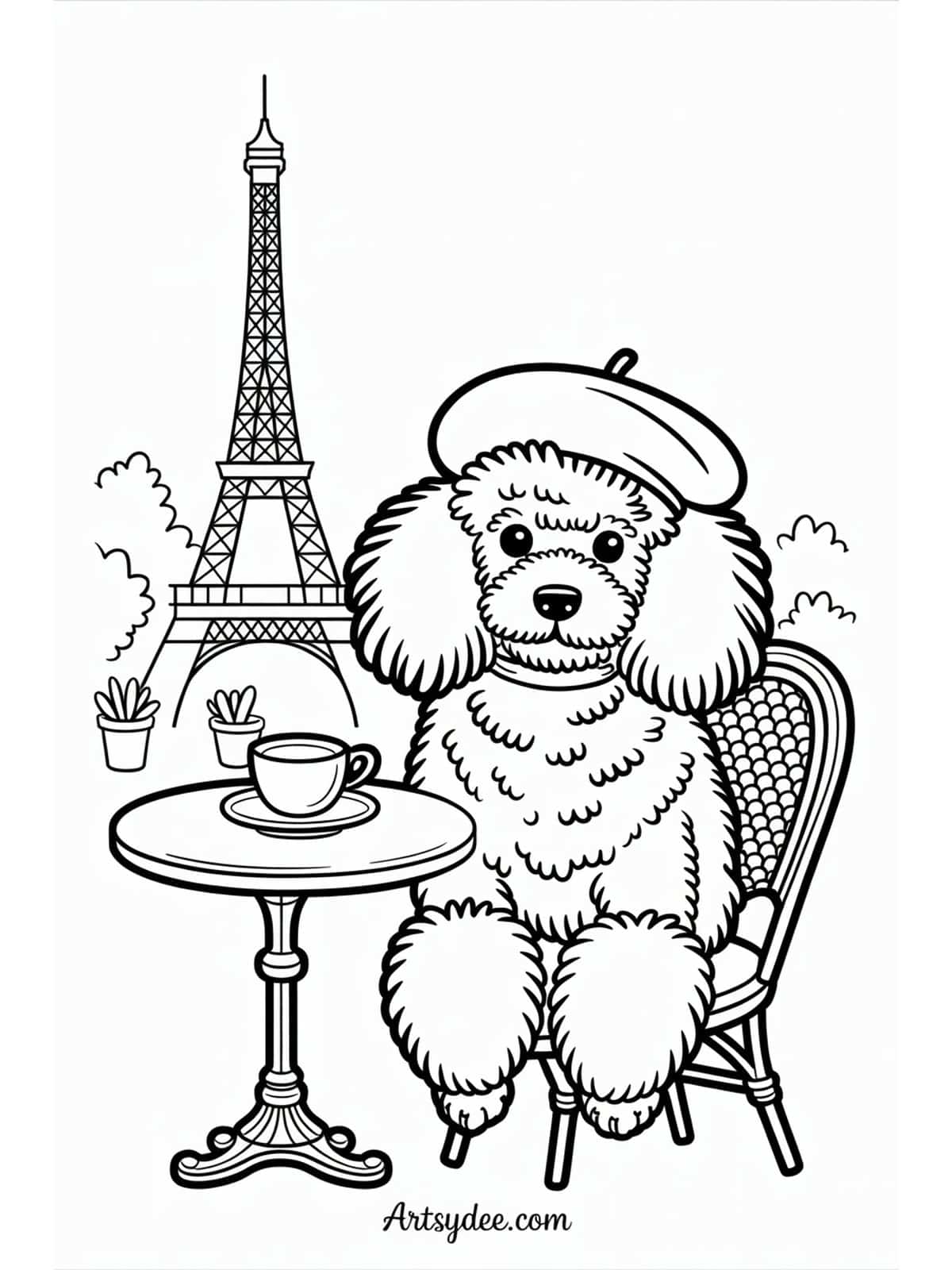 Dog building sandcastle at the beach coloring page - free printable from artsydee.com