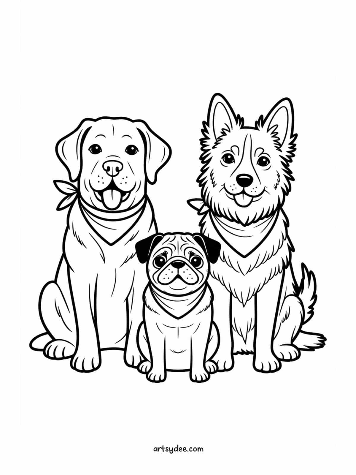 Three dog friends with matching bandanas coloring page - free printable from artsydee.com