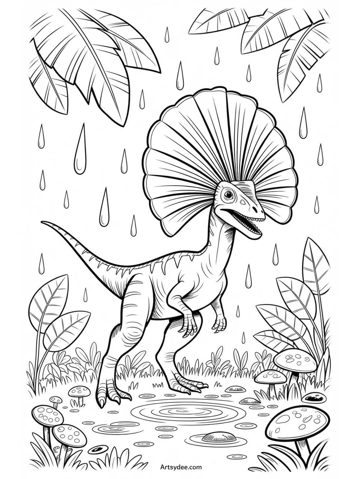 Free dinosaur coloring page - Friendly T-Rex with goofy smile in jungle