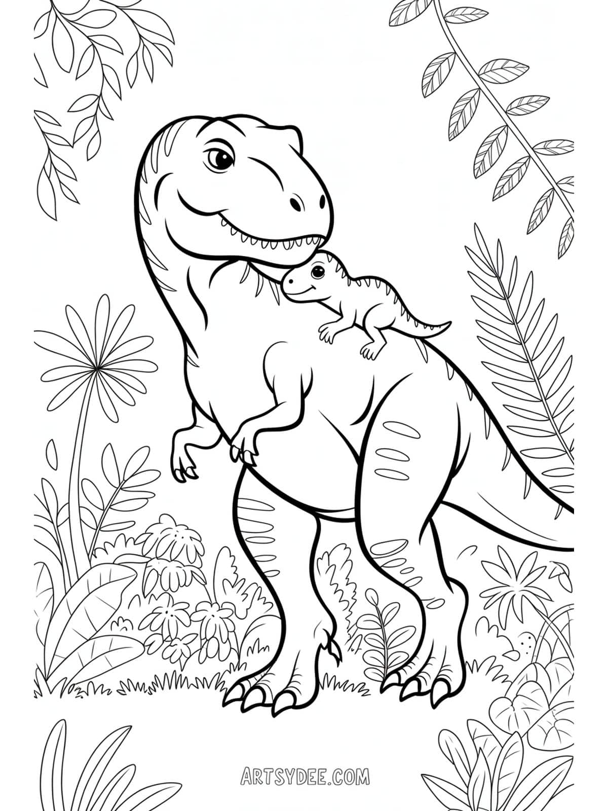 Free dinosaur coloring page - Dinosaur mandala with T-Rex bones and footprints