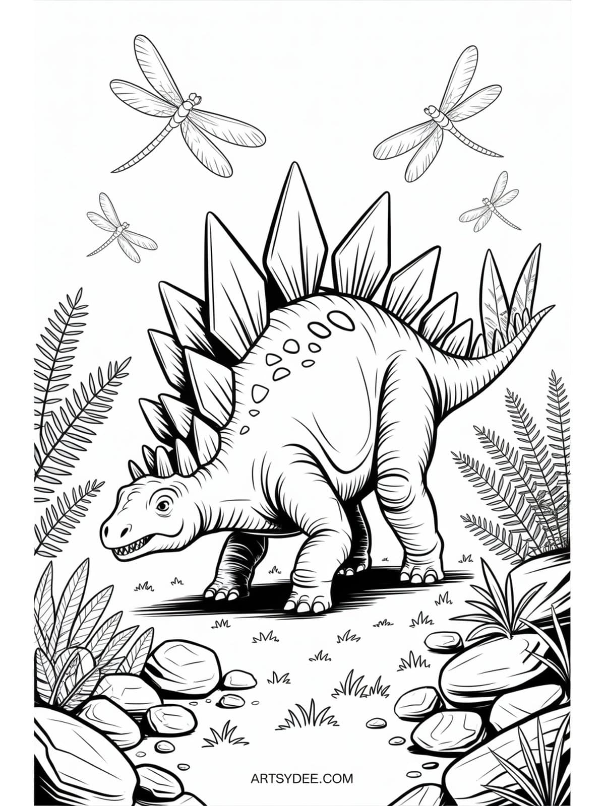 Free dinosaur coloring page - Spinosaurus catching fish at river