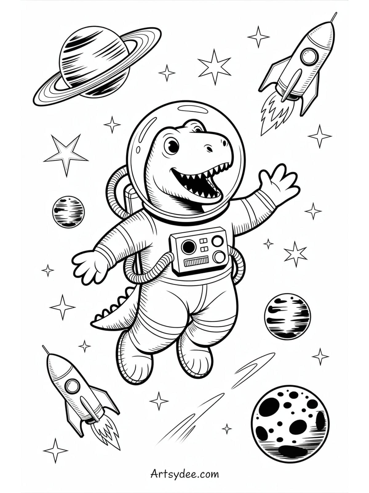 Free dinosaur coloring page - Pterodactyl flying over ocean with fish jumping